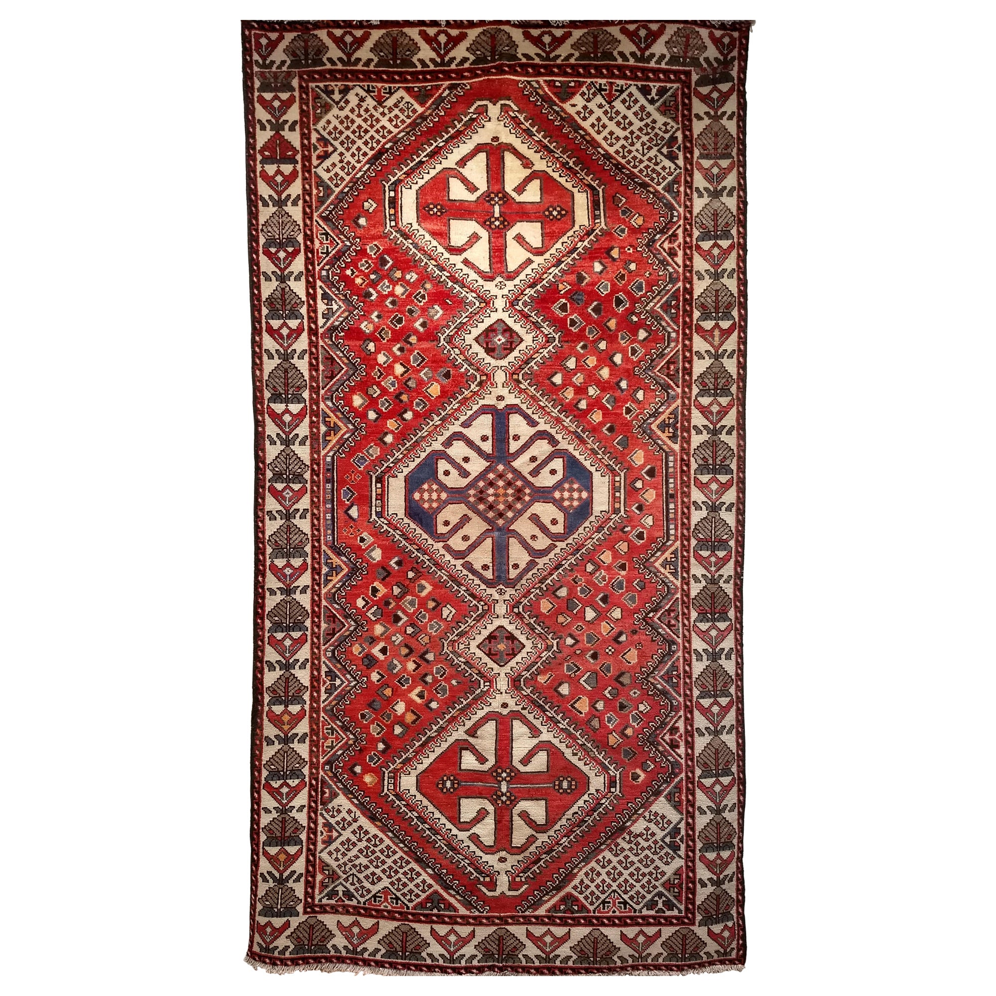 Vintage Persian Shiraz Tribal Area Rug in Red, Ivory, French Blue For Sale