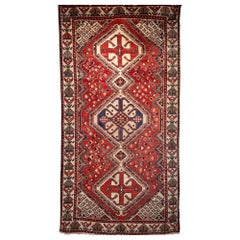 Vintage Persian Shiraz Tribal Area Rug in Red, Ivory, French Blue