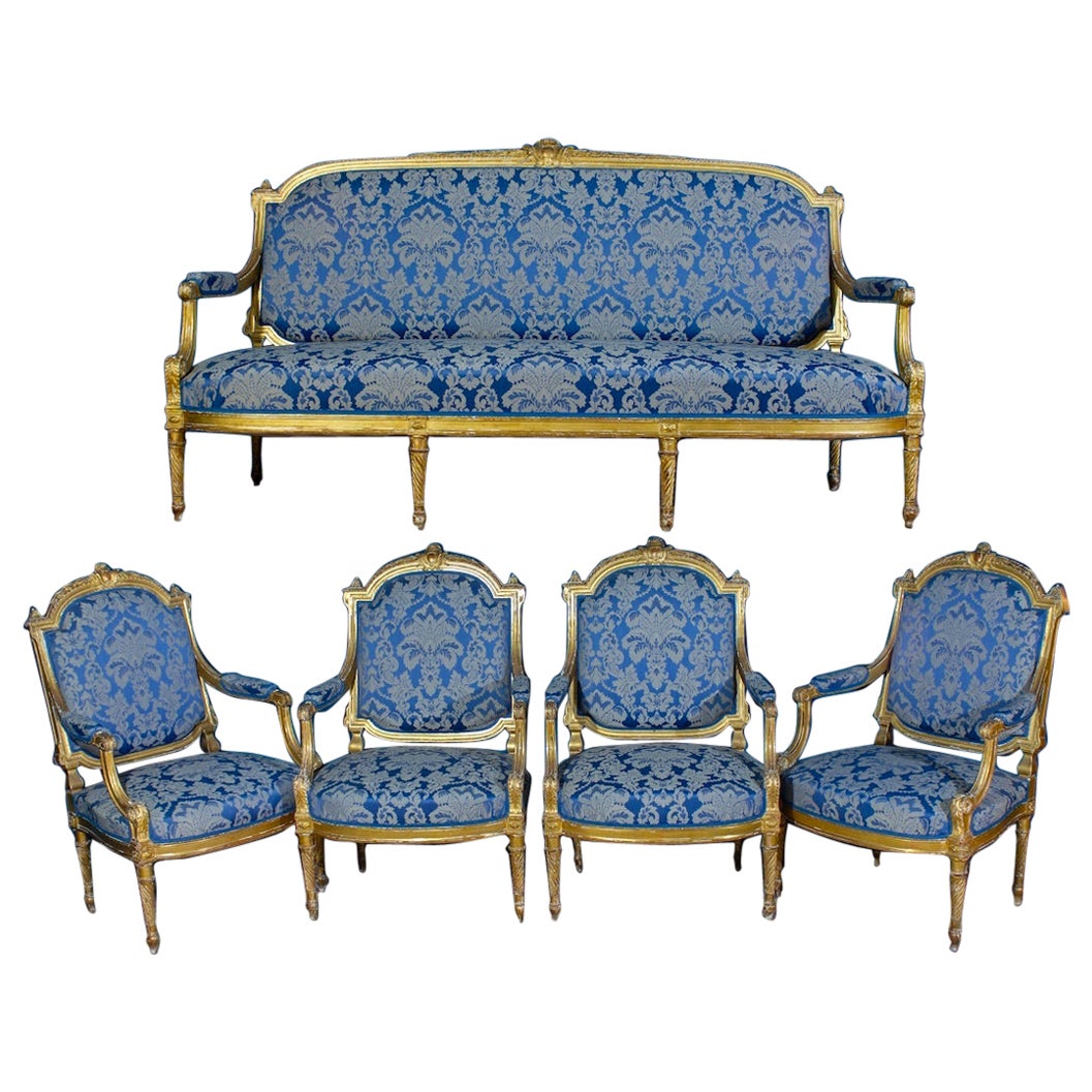 Elegant French 19' Century Gilt Living Room Suite with a Sofa and Four Armchairs