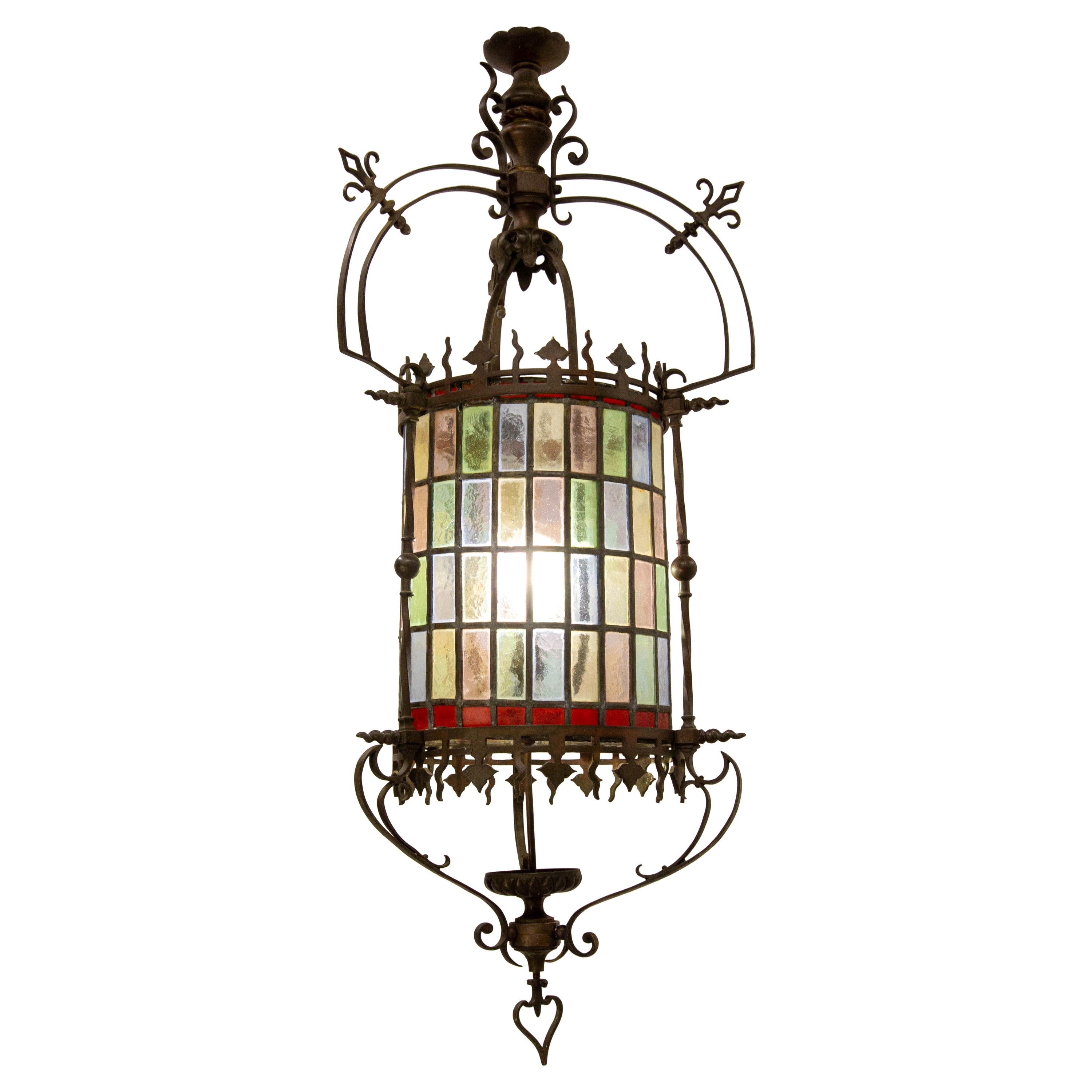 French Art Nouveau Lustre Colored Glass & Bronze Ceiling Pendant, late 19th C  For Sale