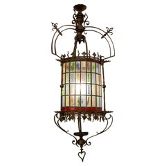 French Art Nouveau Lustre Colored Glass & Bronze Ceiling Pendant, late 19th C 