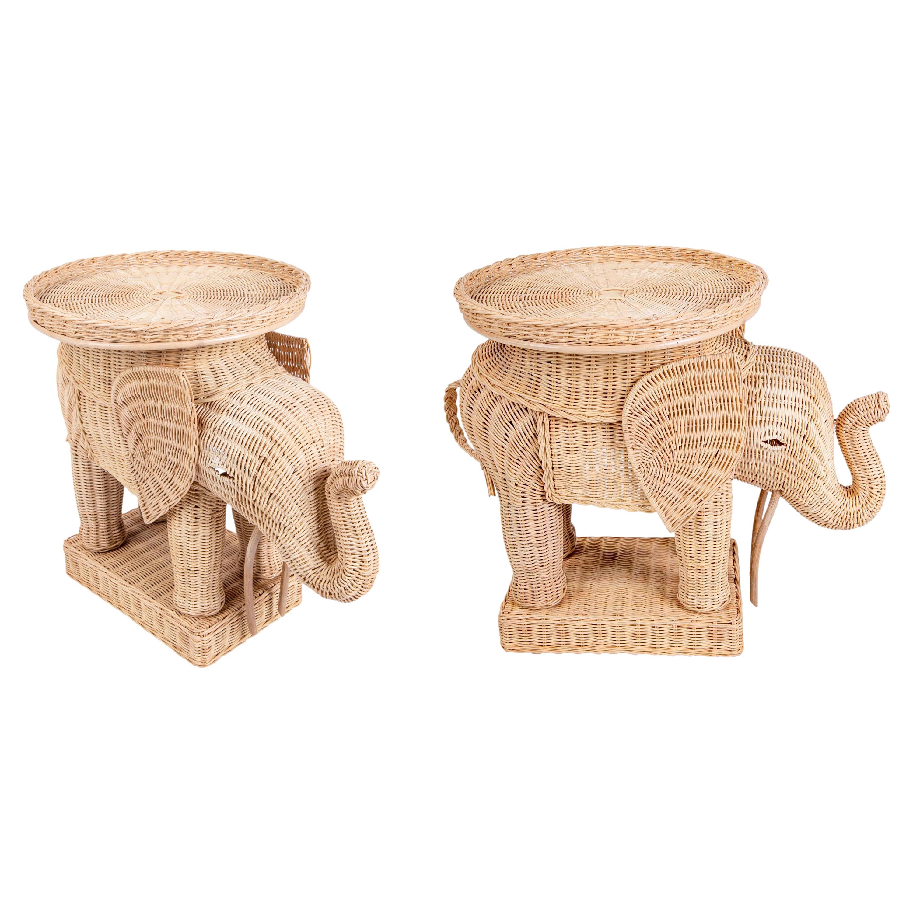 Pair of Side Tables in the Shape of Wicker Elephants For Sale
