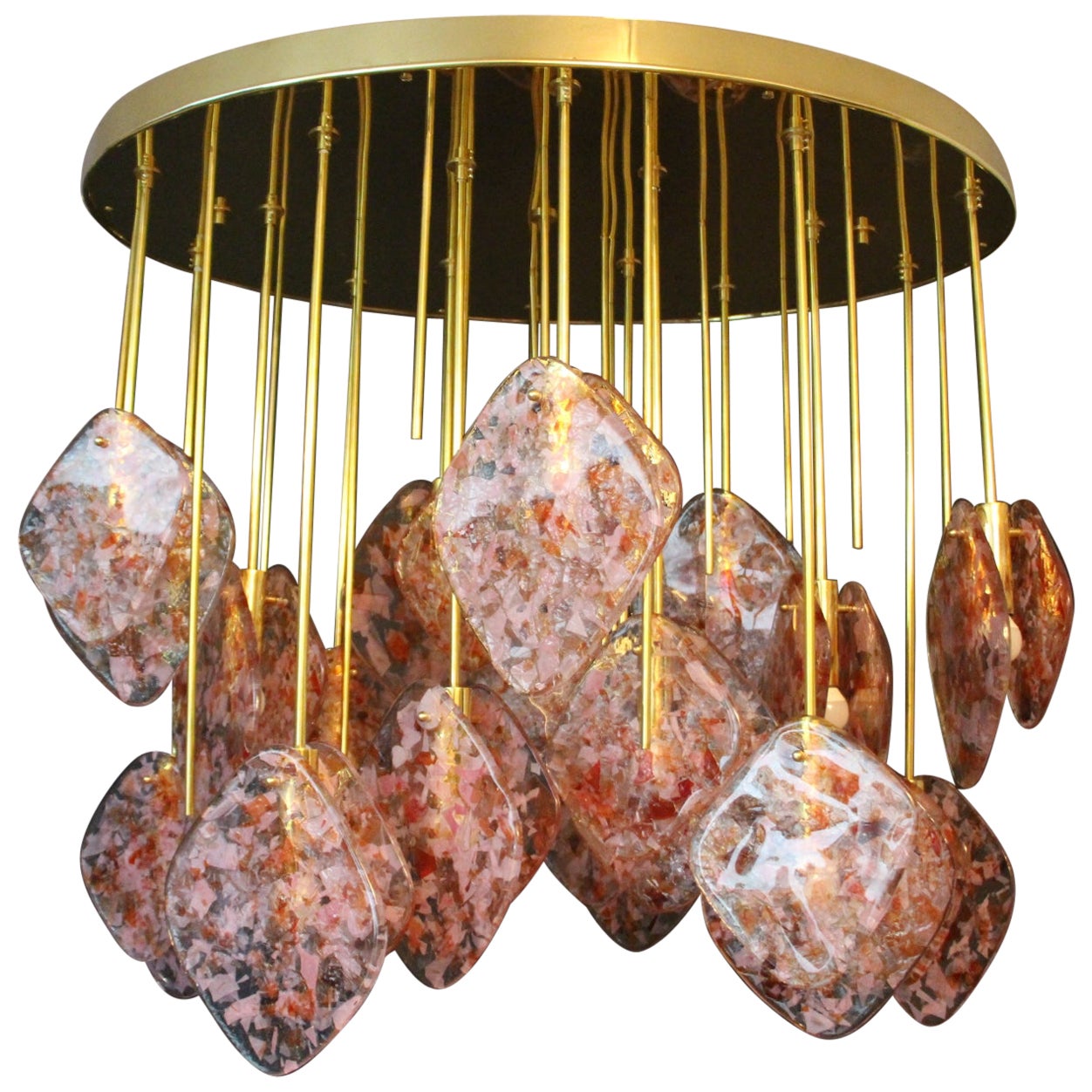 Italian Ovale Mid-Century Modern Brass and Pink Glass Chandelier For Sale
