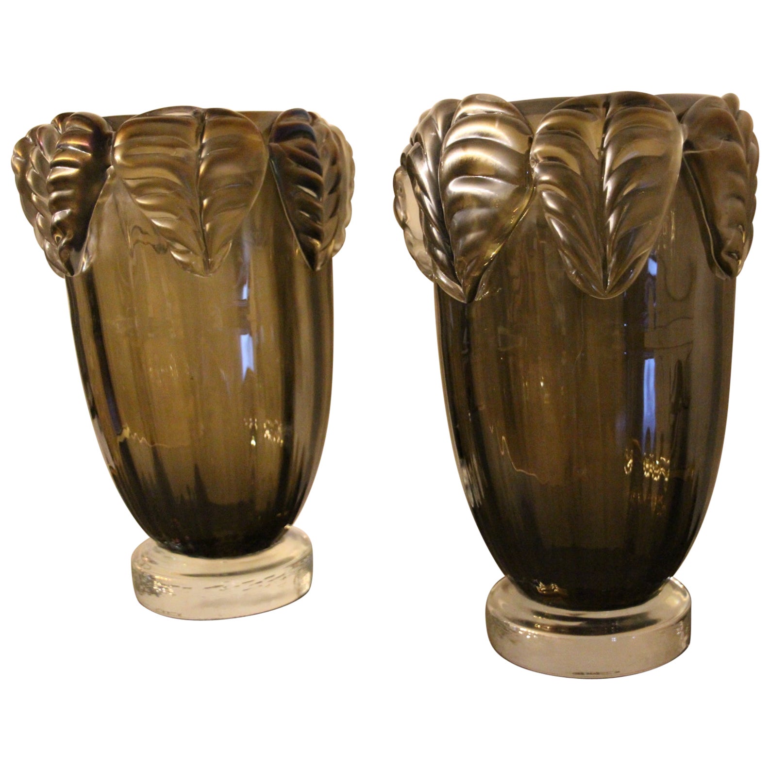 Pair of Large Smoke Color and Iridescent Murano Glass Vases by Costantini