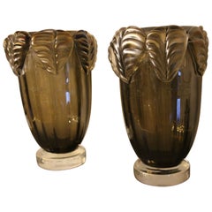 Pair of Large Smoke Color and Iridescent Murano Glass Vases by Costantini
