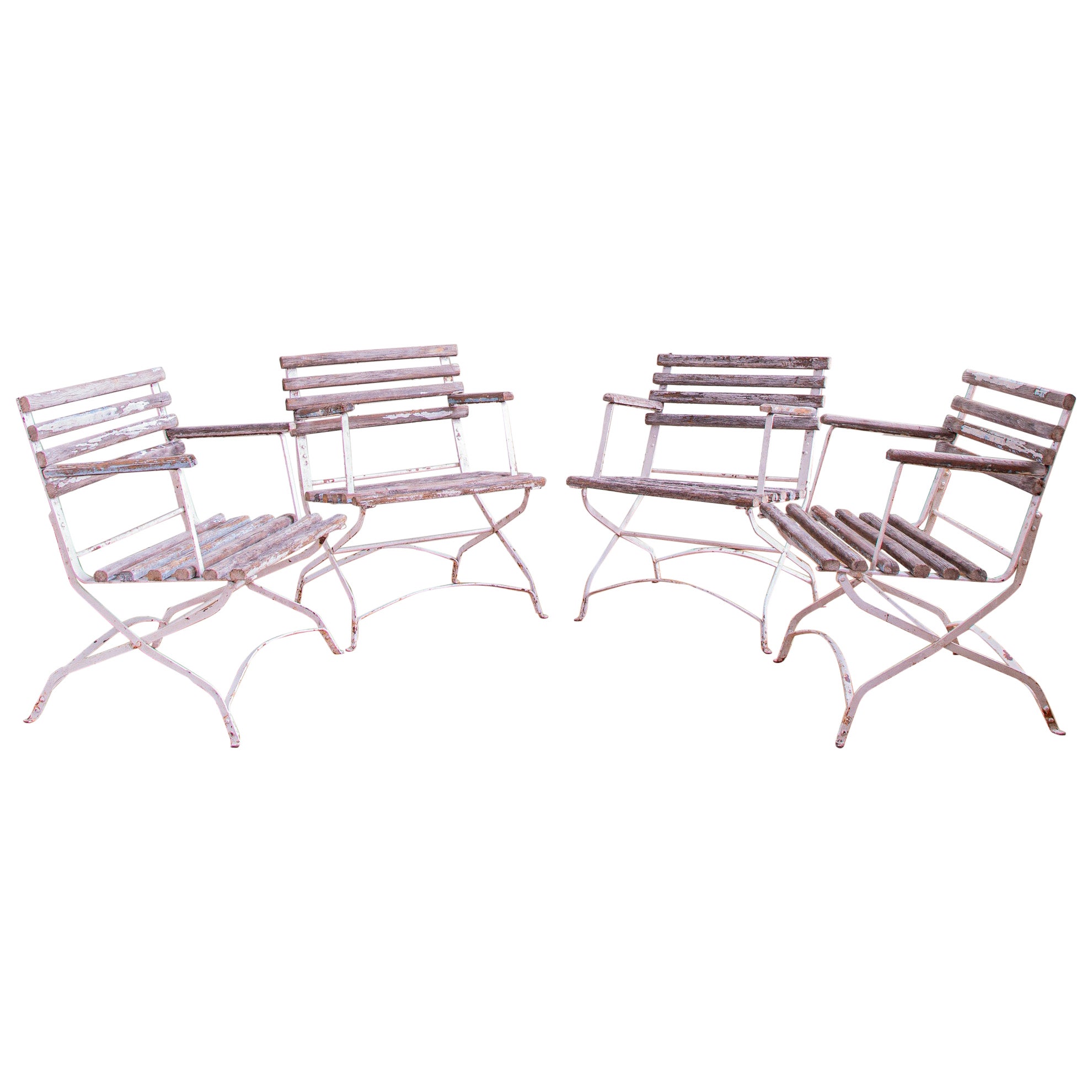  Set of 4 French Wood Slatted Garden Armchairs With Metal Frame  For Sale