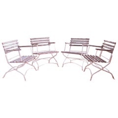  Set of 4 French Wood Slatted Garden Armchairs With Metal Frame 