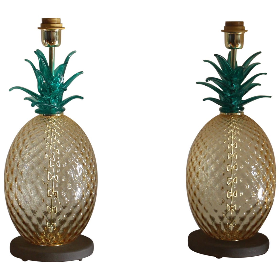 Pair of Pineapple Table Lamps in Emerald Green and Amber Color Murano Glass For Sale