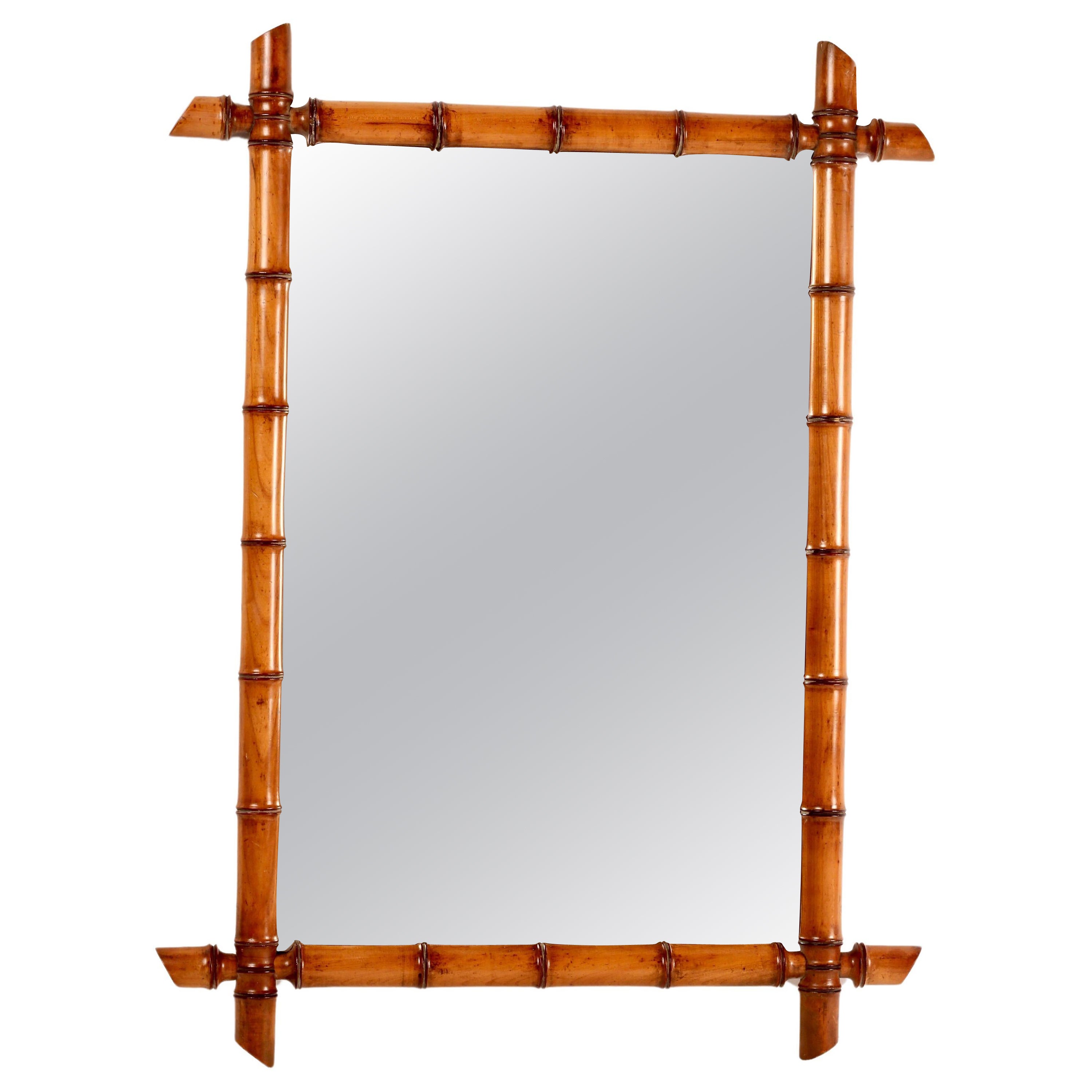 Faux Bamboo Walnut large Framed Mirror, France mid 1800’s For Sale