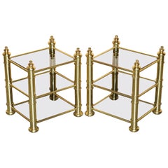 ViNTAGE PAIR OF MID CENTURY MODERN BRASS & SMOKED GLASS ETAGERE SIDE END TABLES