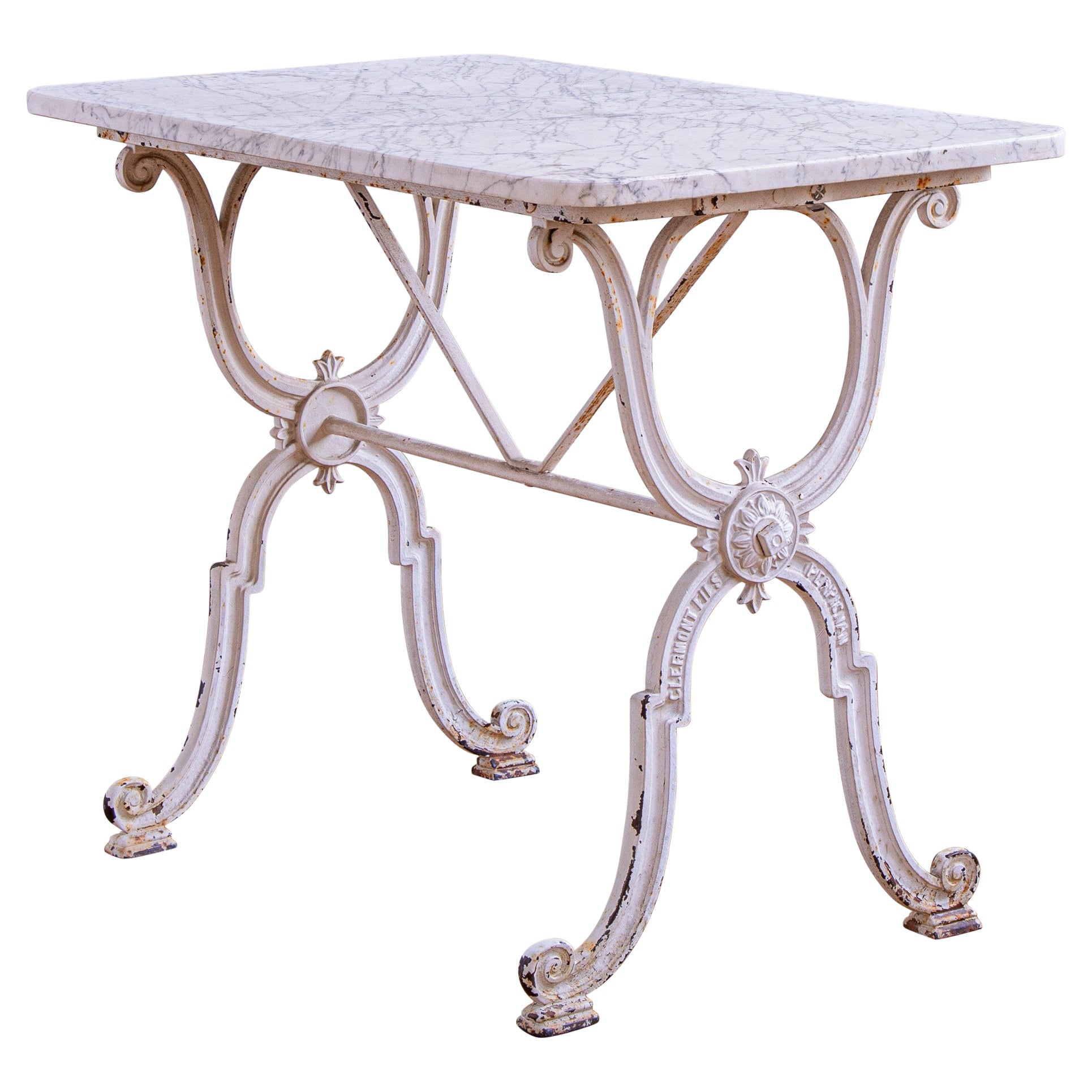 Table de jardin française ancienne en fer et marbre en blanc par Clermont Fils