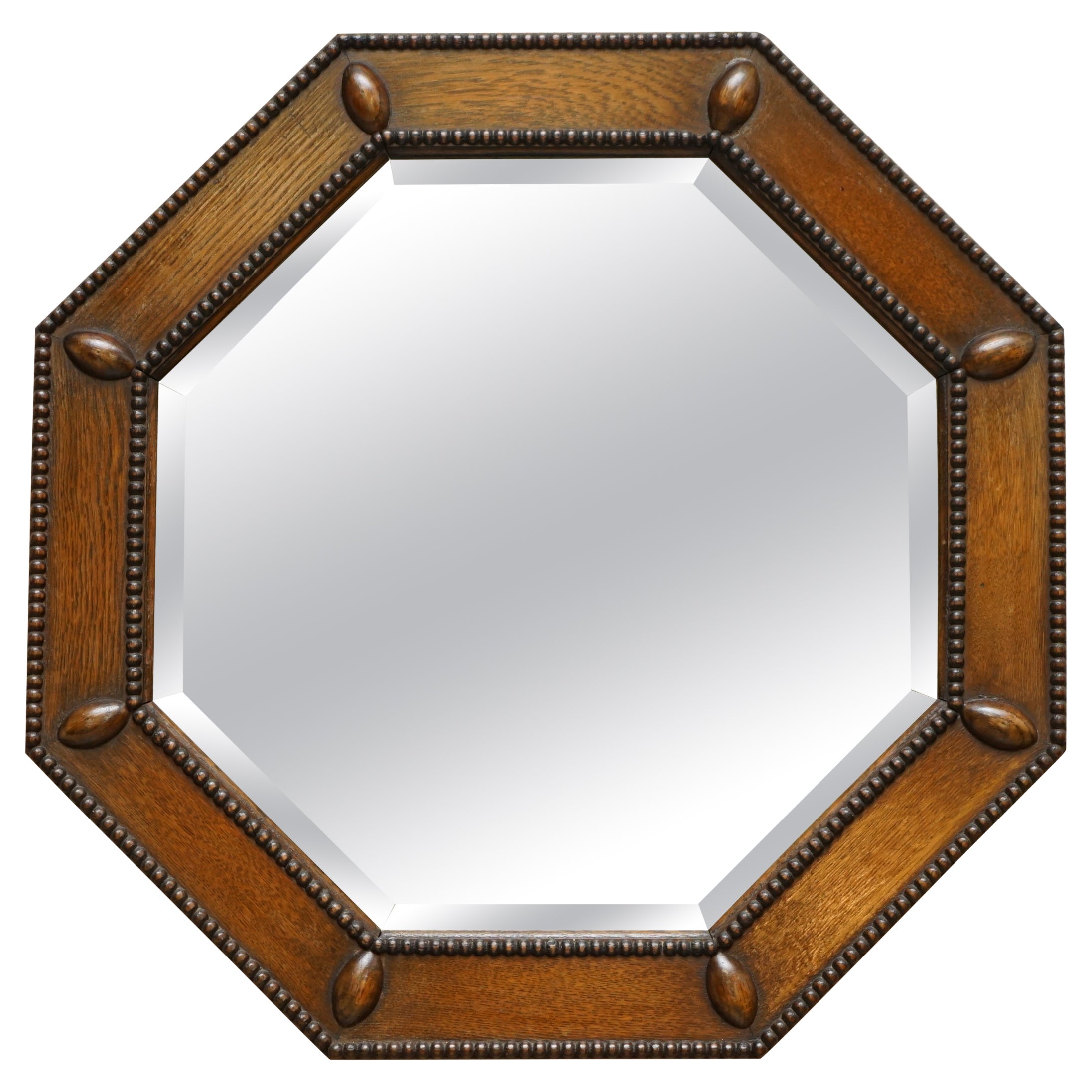 CIRCA 1900 ANTIQUE SCOTTiSH HAND CARVED BOBBIN OAK WALL MIRROR BEVELLED GLASS For Sale