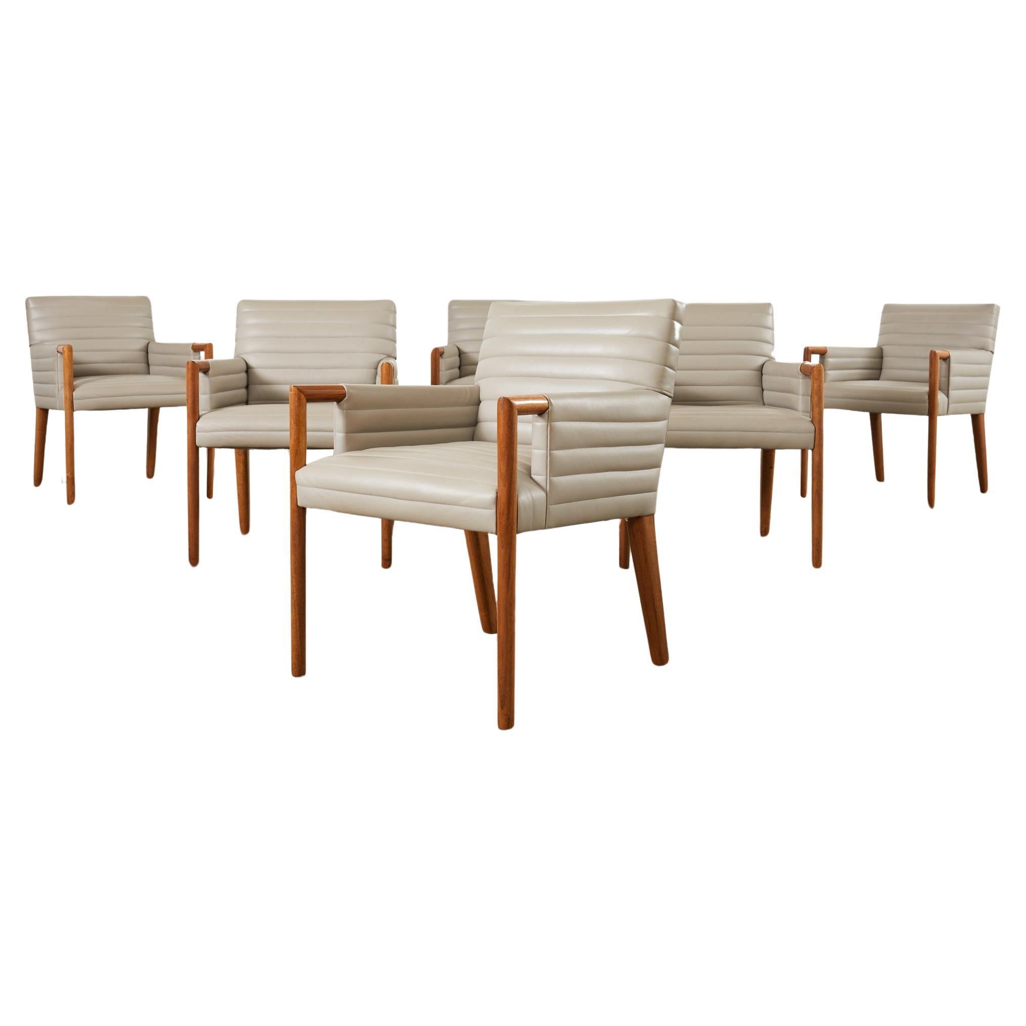 Set of Six Walnut and Quilted Leather Dining Chairs