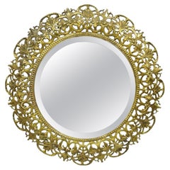 Antique French Renaissance Style Round Leafy Brass Frame Small Beveled Mirror