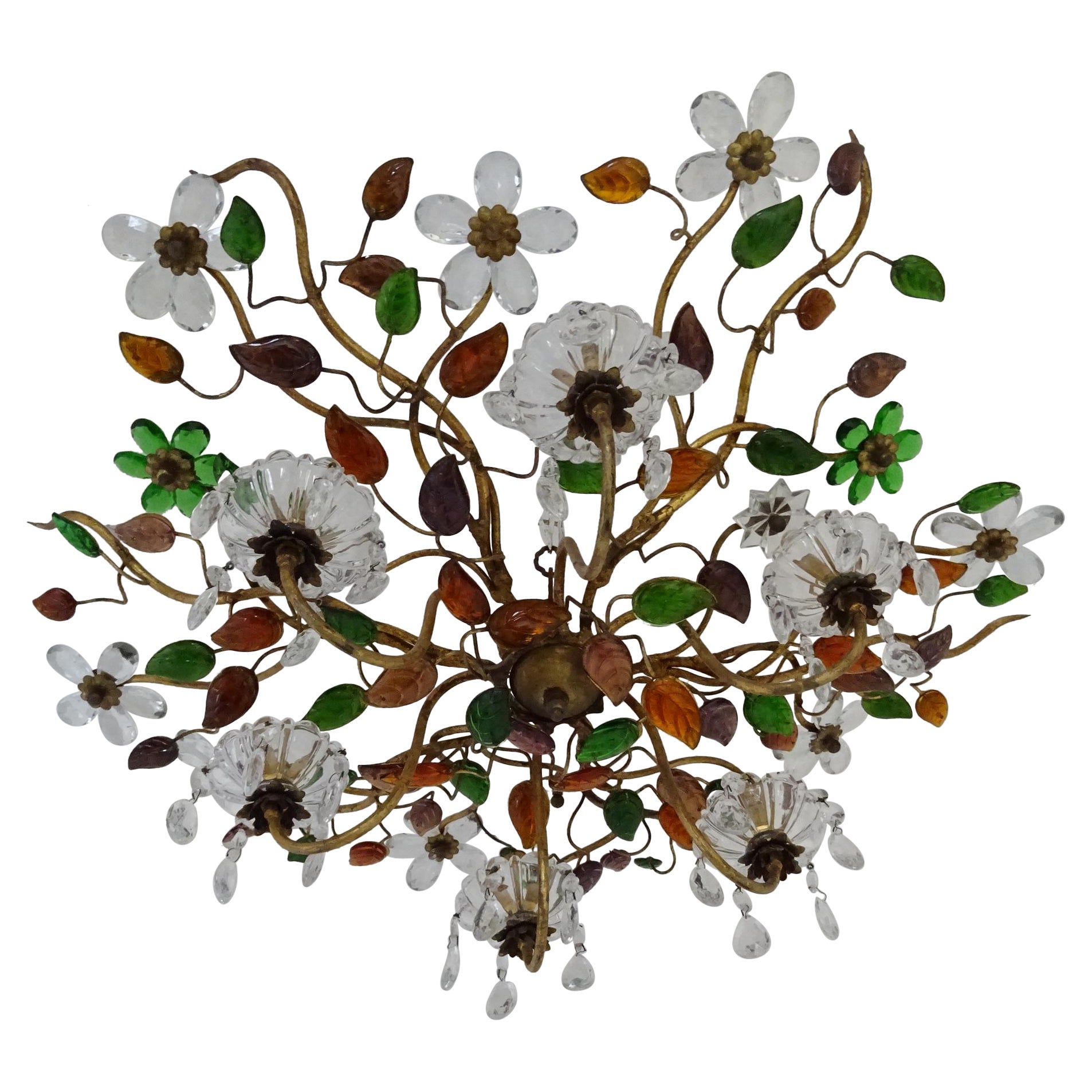 Two Maison Baguès Crystal Flowers Colors Leaves Flush mount C 1940 Chandeliers For Sale