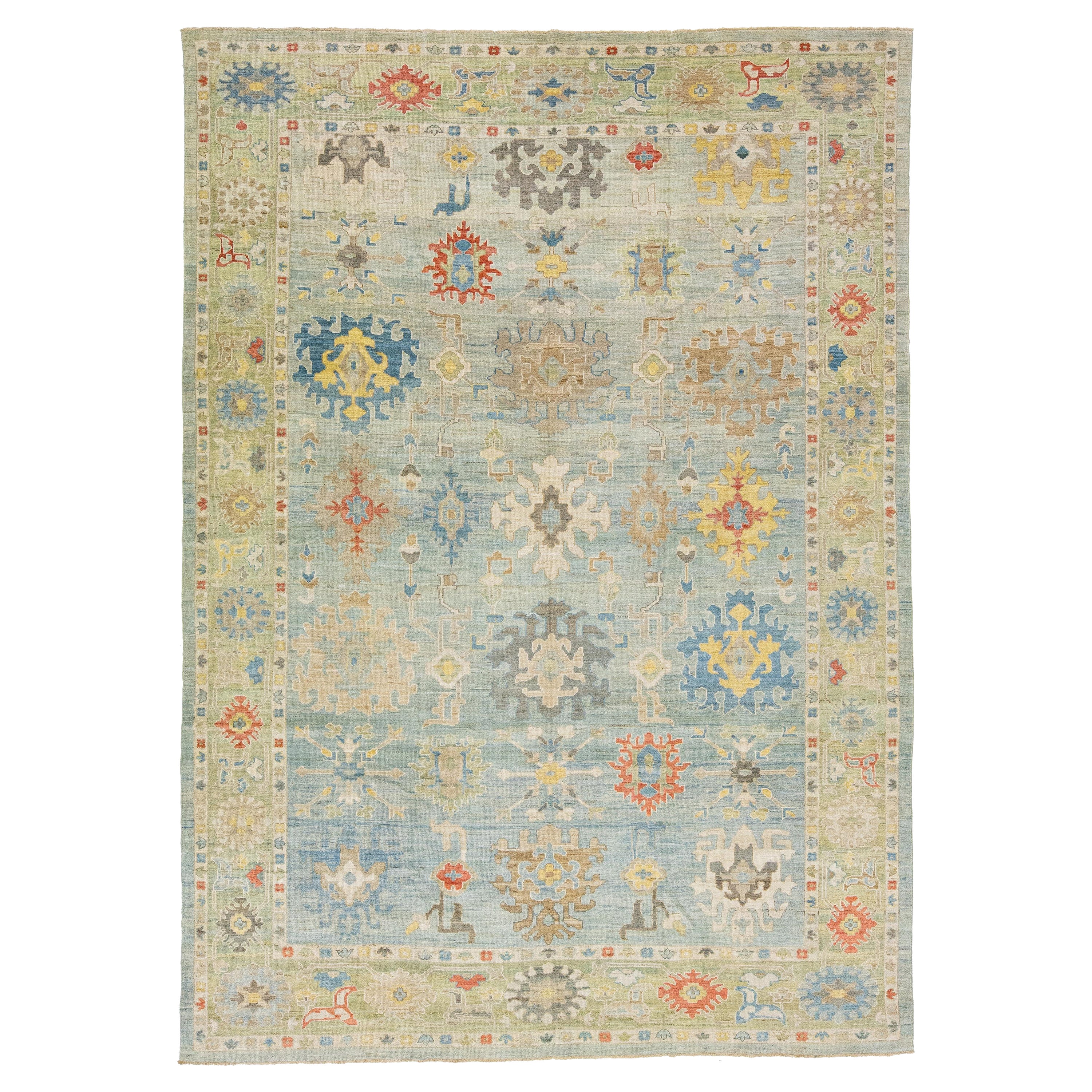 Handmade Modern Sultanabad Room Size Wool Rug With Multicolor Floral Motif For Sale