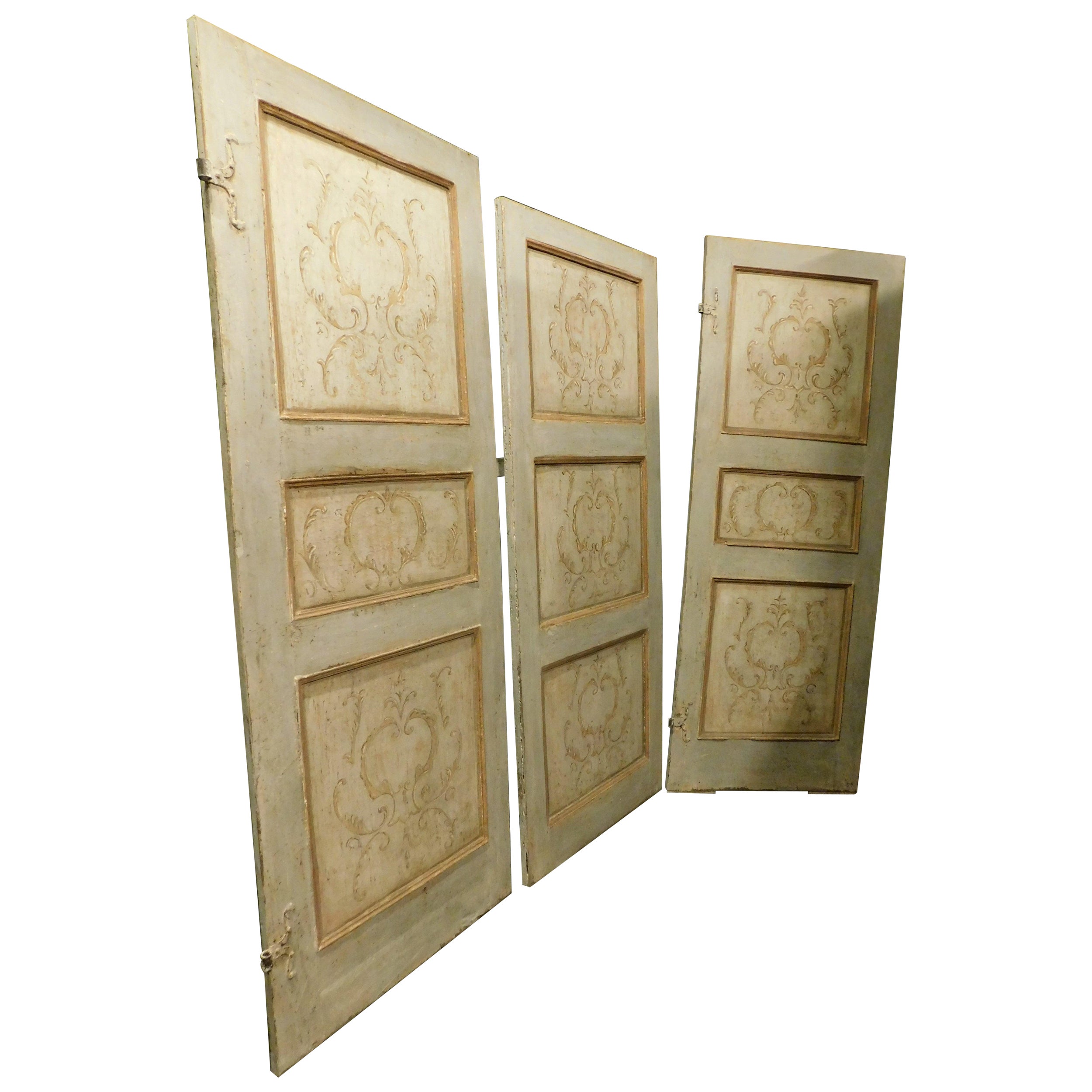 Set of 3 internal doors, lacquered with richly painted panels on the front/back For Sale