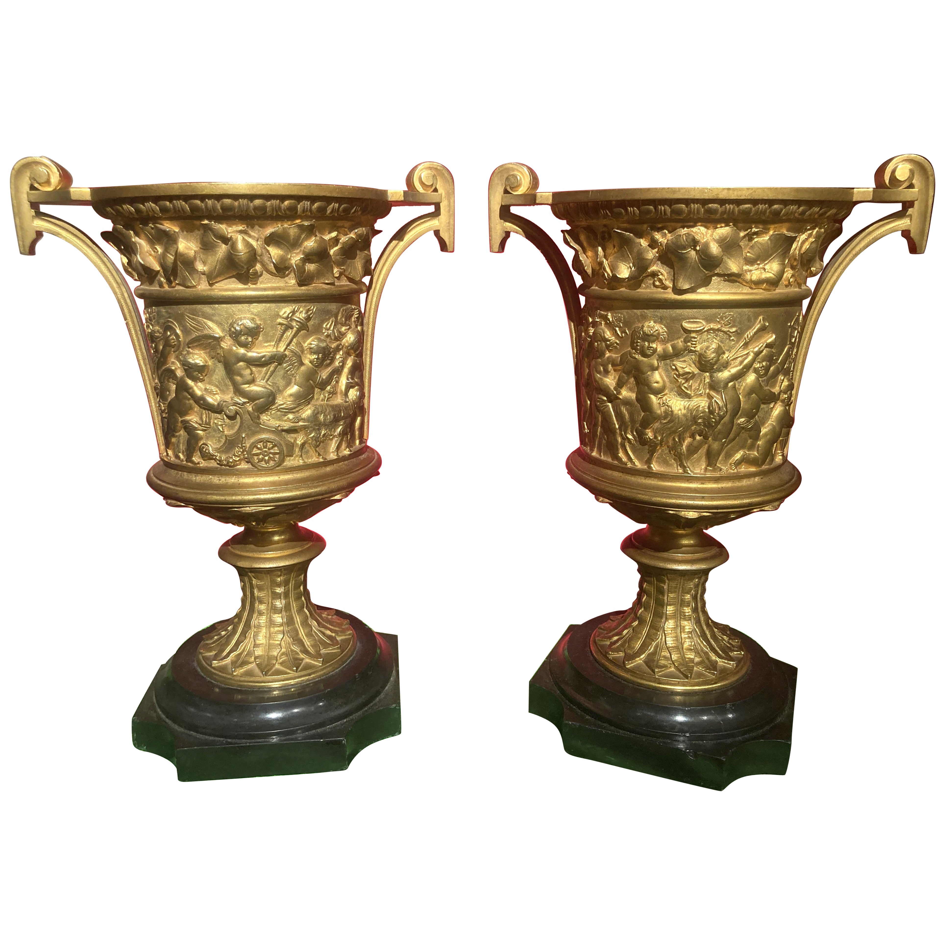French 18th Century Louis XVI Ormolu Handled Vases, Relief Putto on Marble Base