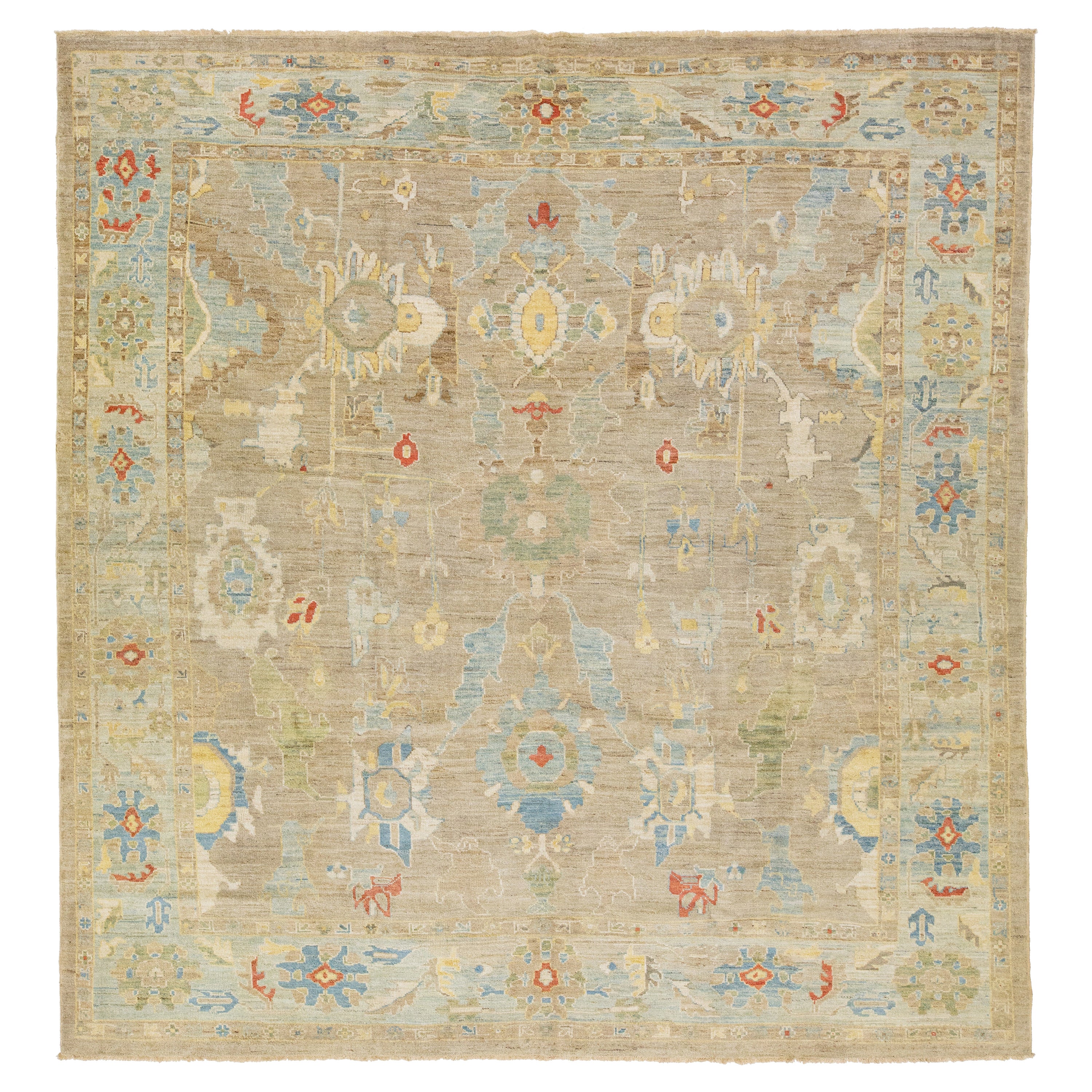 Modern Light Brown Sultanabad Square Wool Rug With Floral Desing For Sale