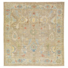 Modern Light Brown Sultanabad Square Wool Rug With Floral Desing