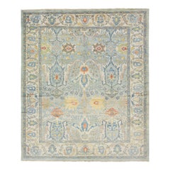 Tapis contemporain en laine Sultanabad bleu clair fait à la main avec motif floral