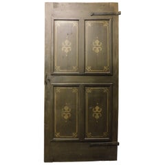 Used Old Door with 4 painted panels, yellow decorations on green background, Italy