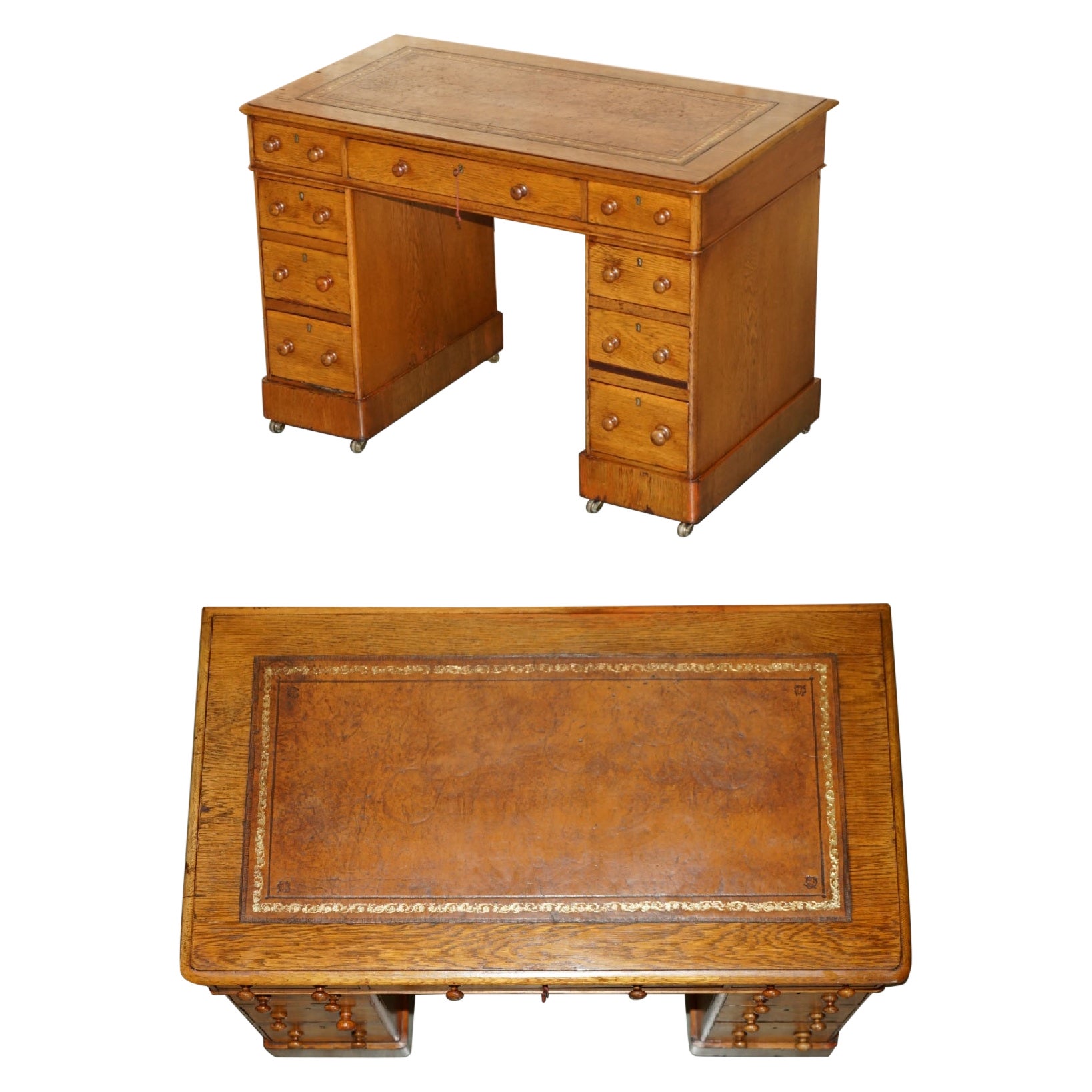 STUNNING ANTiQUE VICTORIAN HONEY OAK TWIN PEDESTAL DESK HAND DYED BROWN LEATHER For Sale