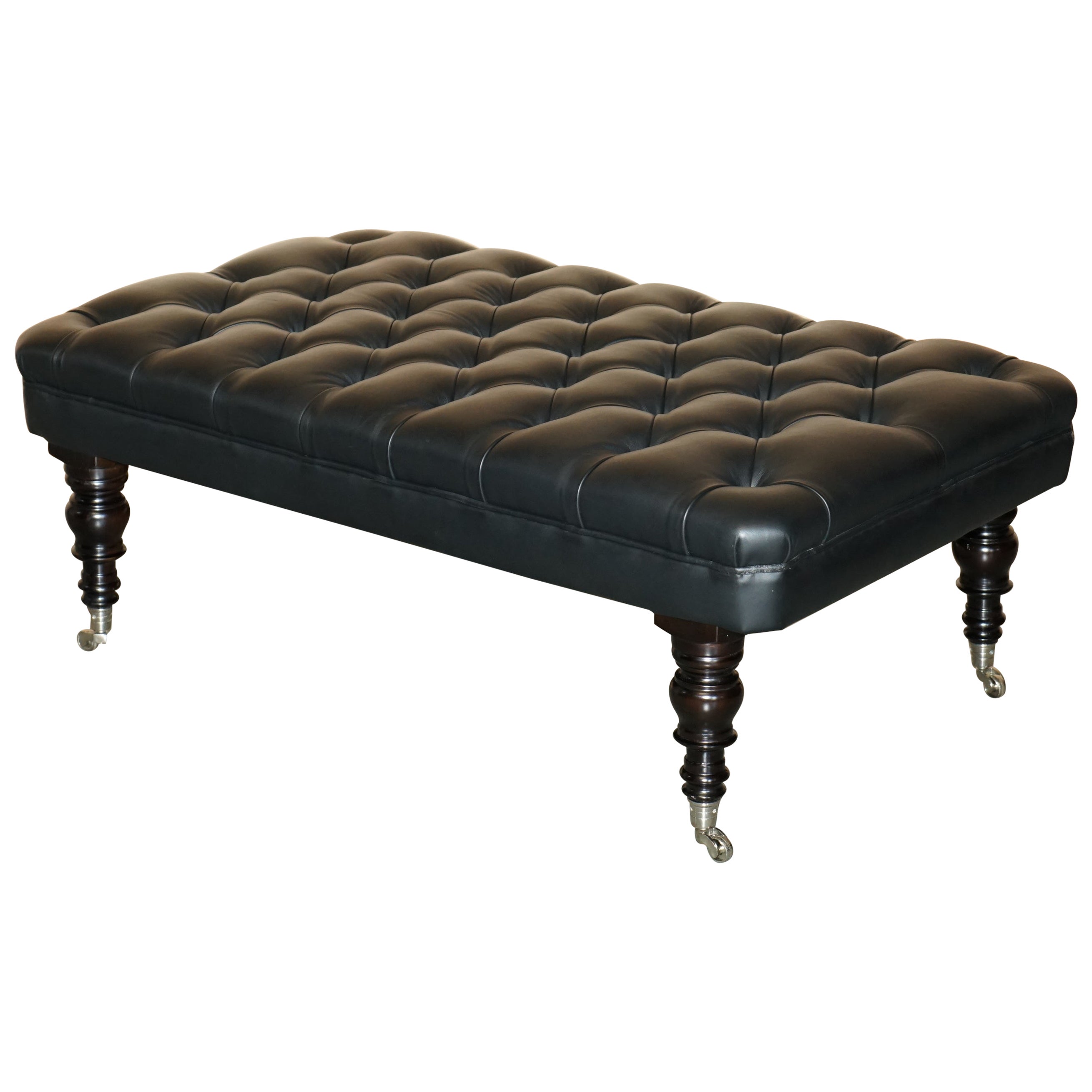 1 OF 2 GEORGE SMITH EXTRA LARGE CHESTERFiELD BLACK LEATHER TUFTED FOOTSTOOLS For Sale