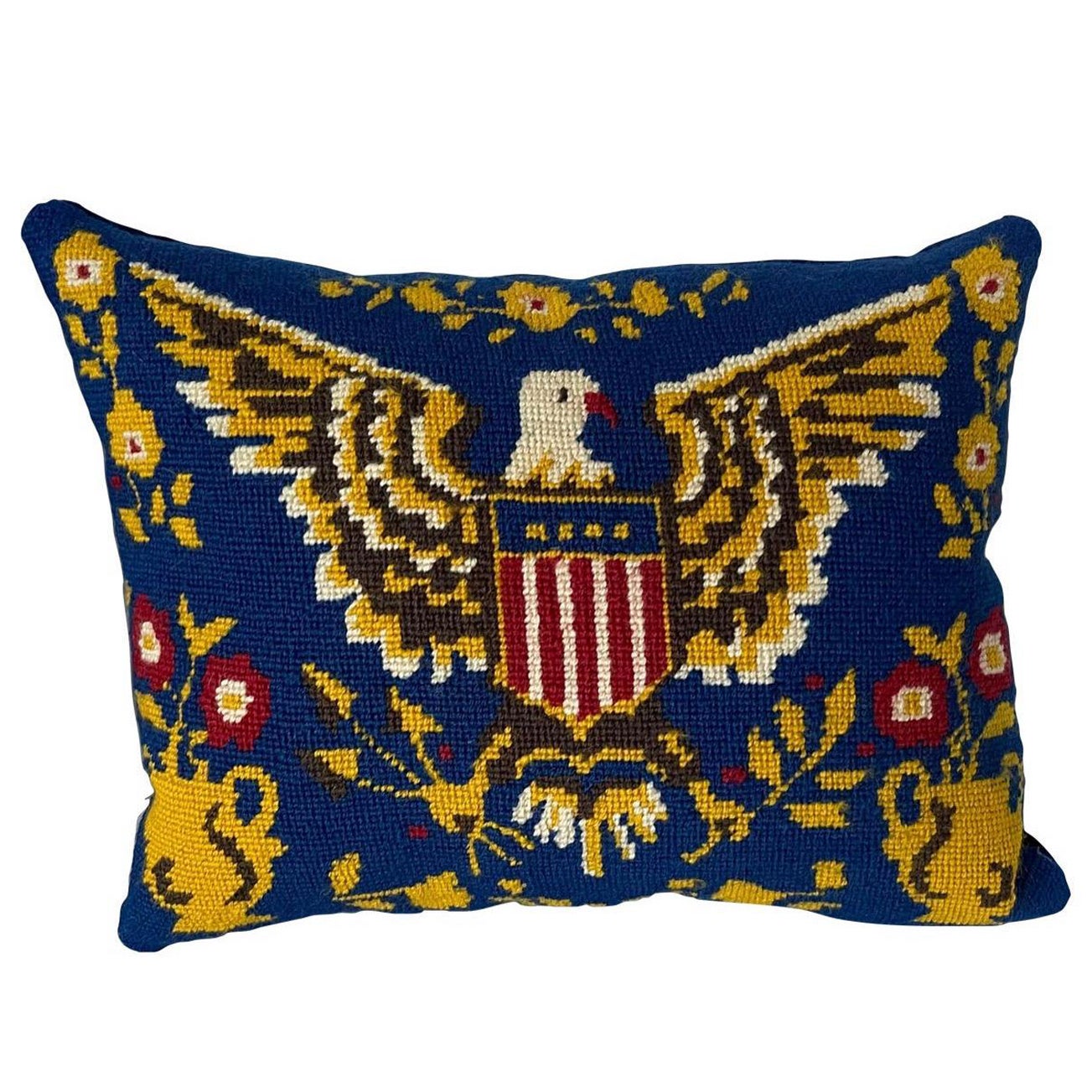 1970s Blue American Patriotic Eagle Needlepoint Custom Pillow For Sale