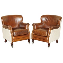 PAIR OF VINTAGE BROWN LEATHER HERRINGBONE WOOL LiTTLE PROFESSOR STYLE ARMCHAIRS