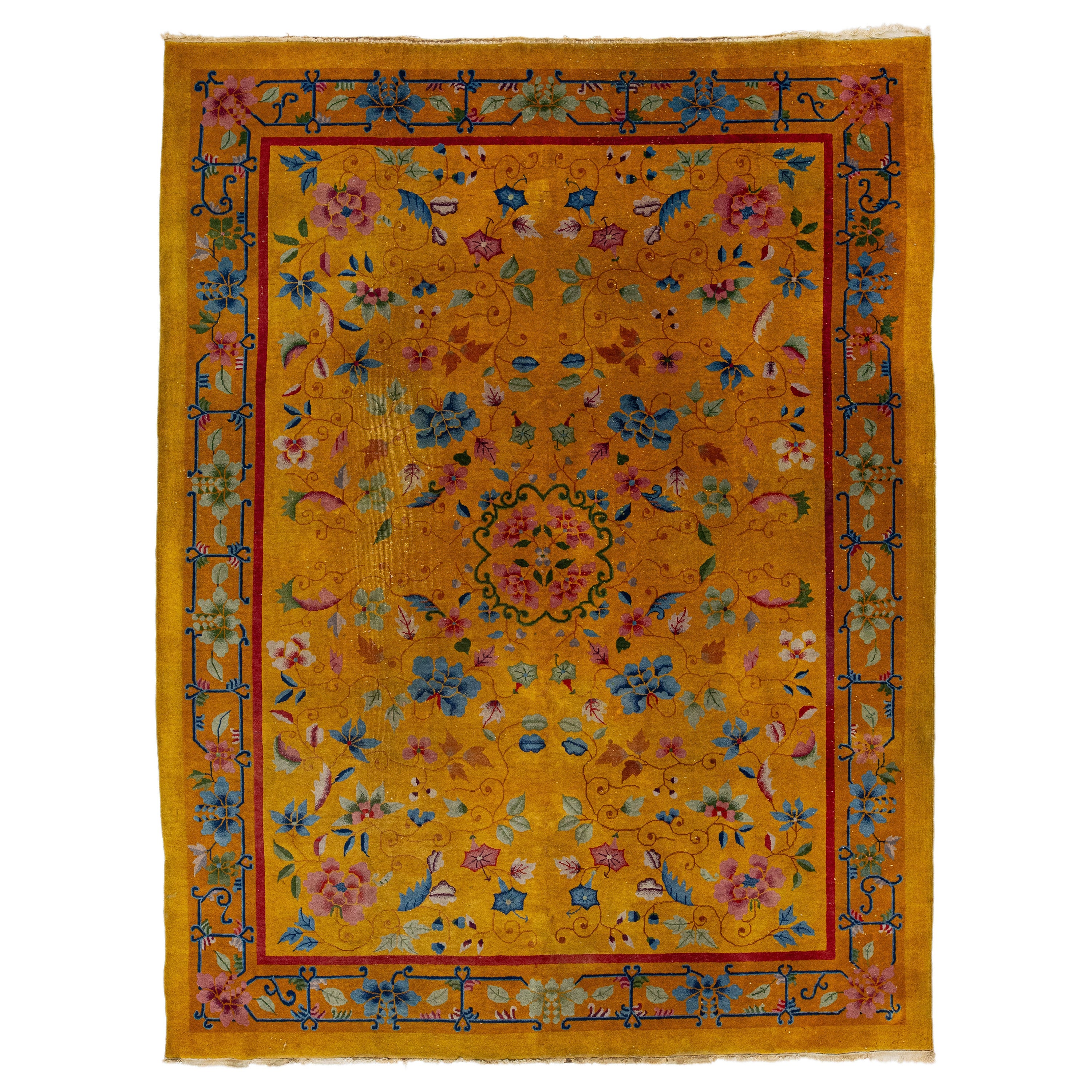 Antique 1920s Chinese Art Deco Rug In Goldenrod with Floral Motif For Sale