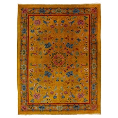 Antique 1920s Chinese Art Deco Rug In Goldenrod with Floral Motif