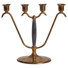 Vintage Swedish Designer, Candelabra, Brass, Wood, Sweden, 1940s