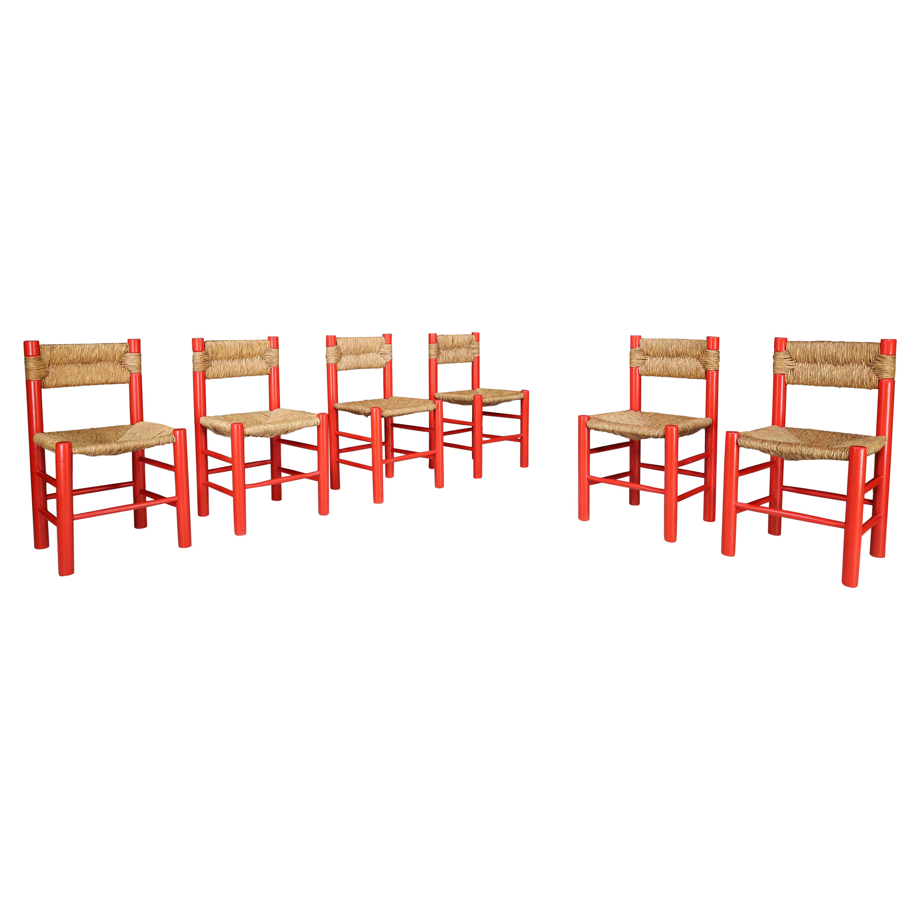 Chaises de salle à manger de style Charlotte Perriand peintes en hêtre et jonc rouge, années 1960 en vente