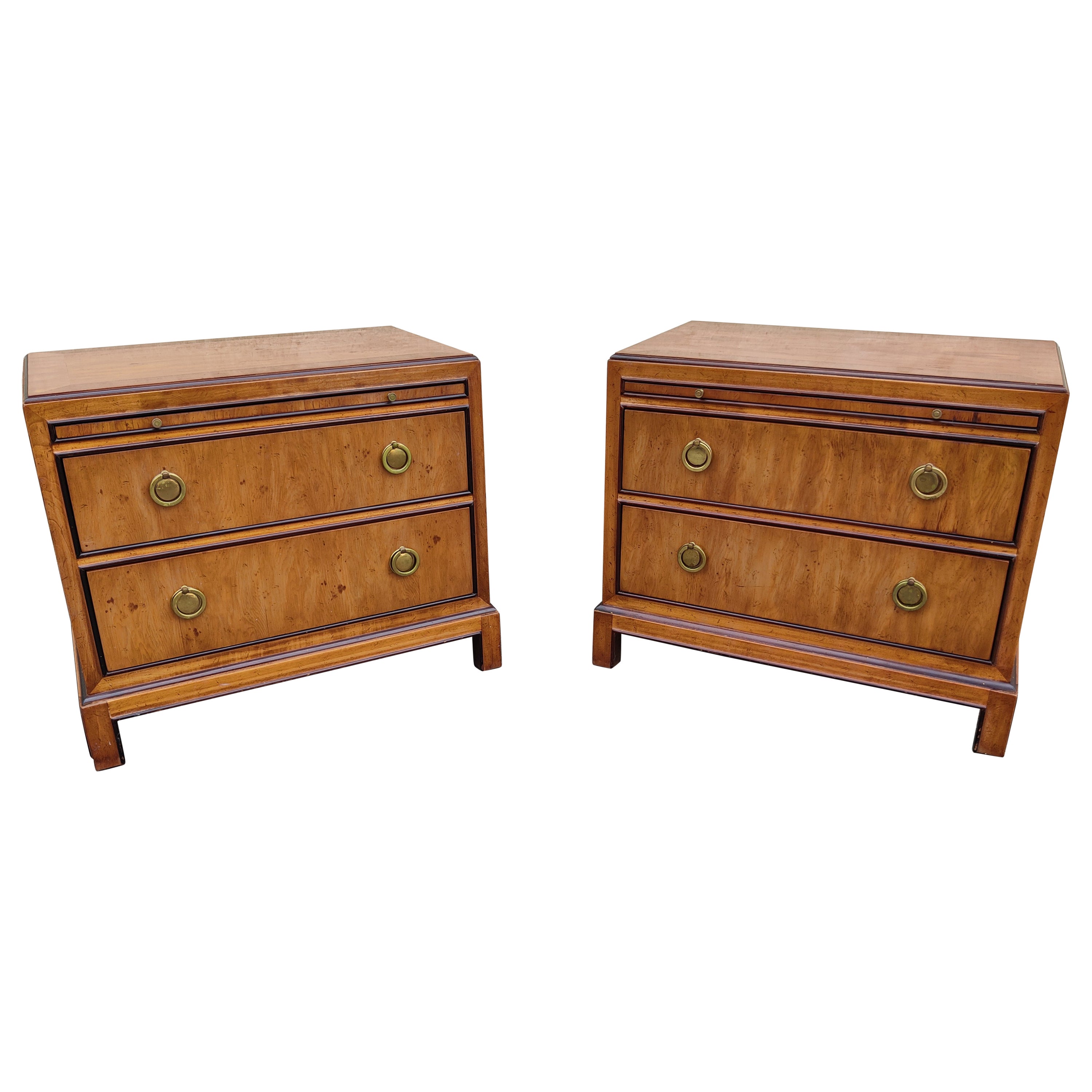 Pair of 1970s Drexel Heritage Hollywood Regency Burlwood & Brass Nightstands For Sale