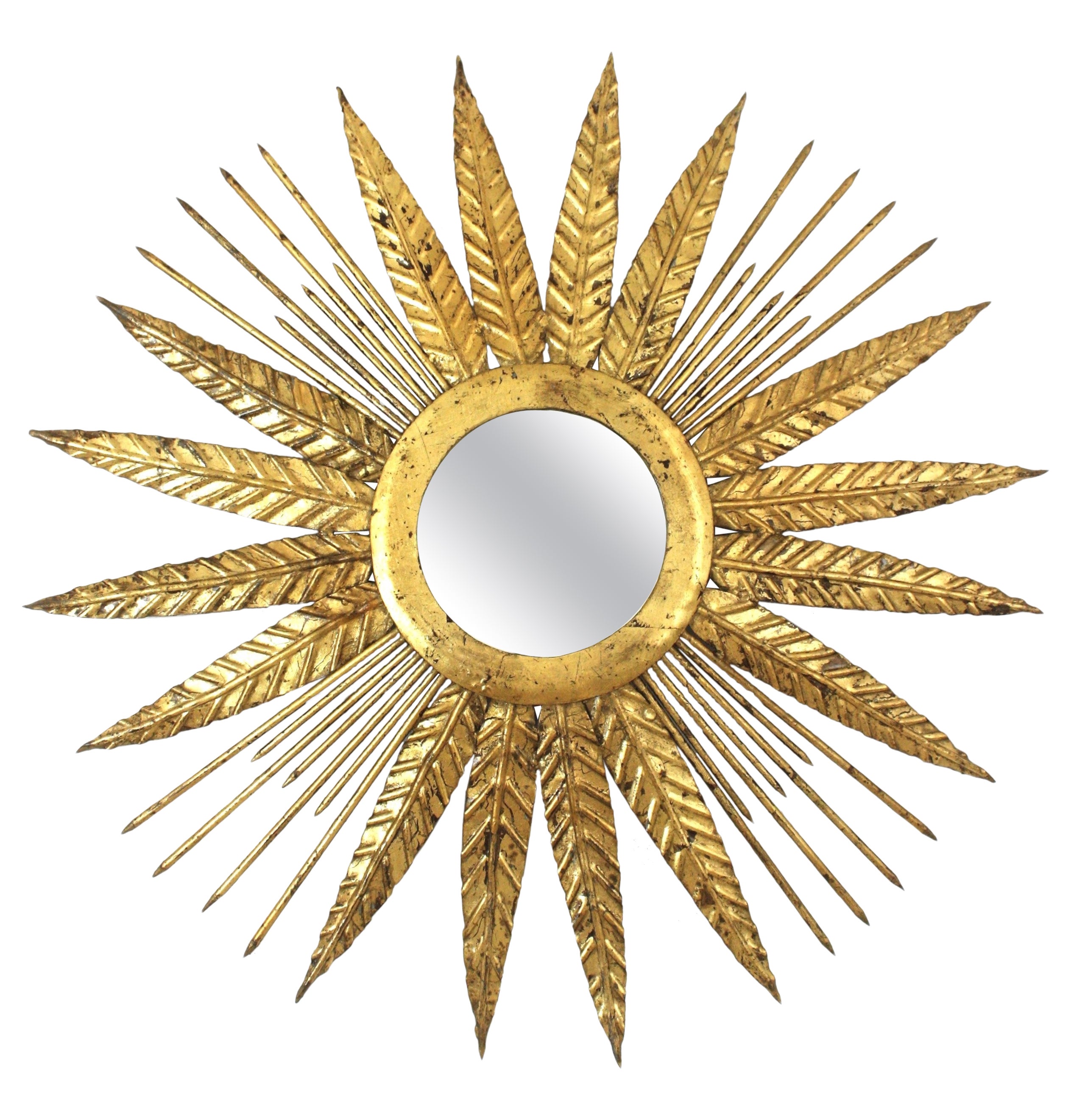 French Sunburst Mirror in Gilt Iron with Spikey Leafed Frame, 1940s For Sale