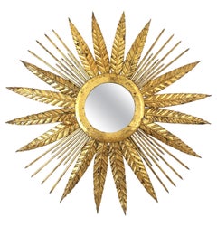 French Sunburst Mirror in Gilt Iron with Spikey Leafed Frame, 1940s