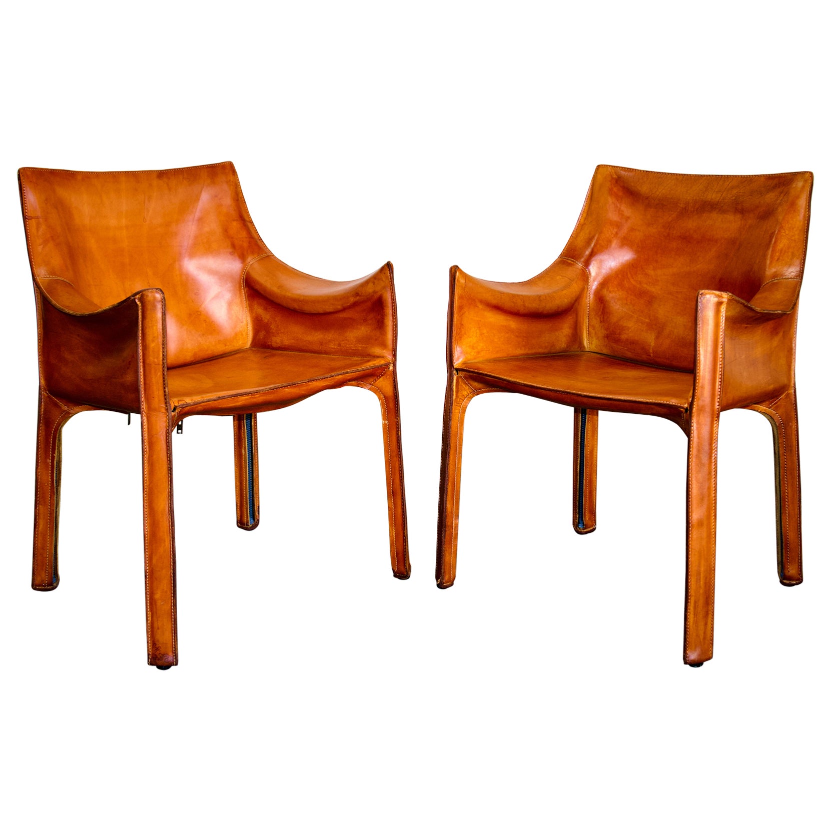 Pair of Bellini CAB 413 Armchairs in Vintage Cognac Saddle Leather for Cassina