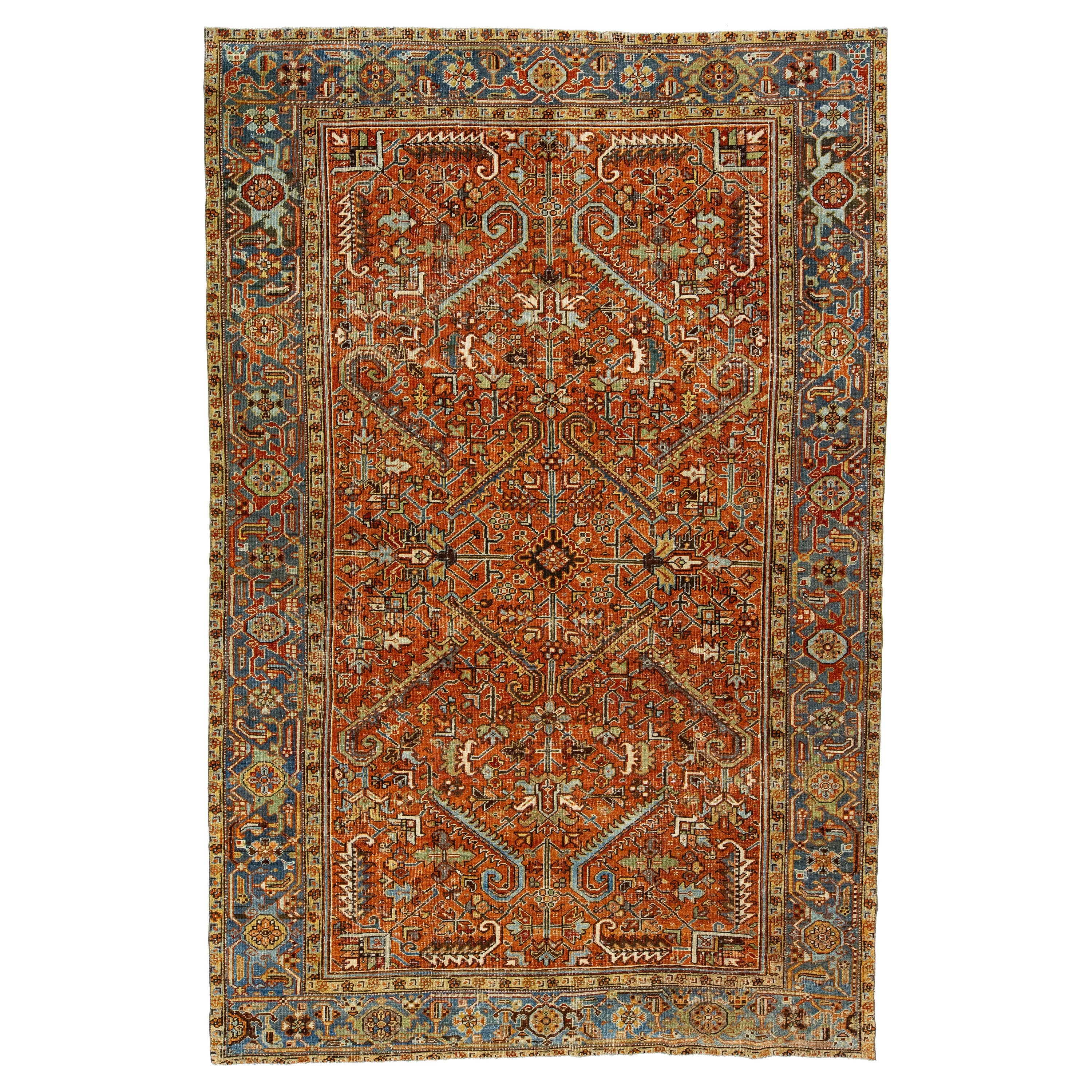 1910s Orange-Rust Antique Persian Heriz Wool Rug Handmade with Allover Pattern For Sale