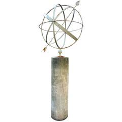 Large English Armillary on Carved Stone Column