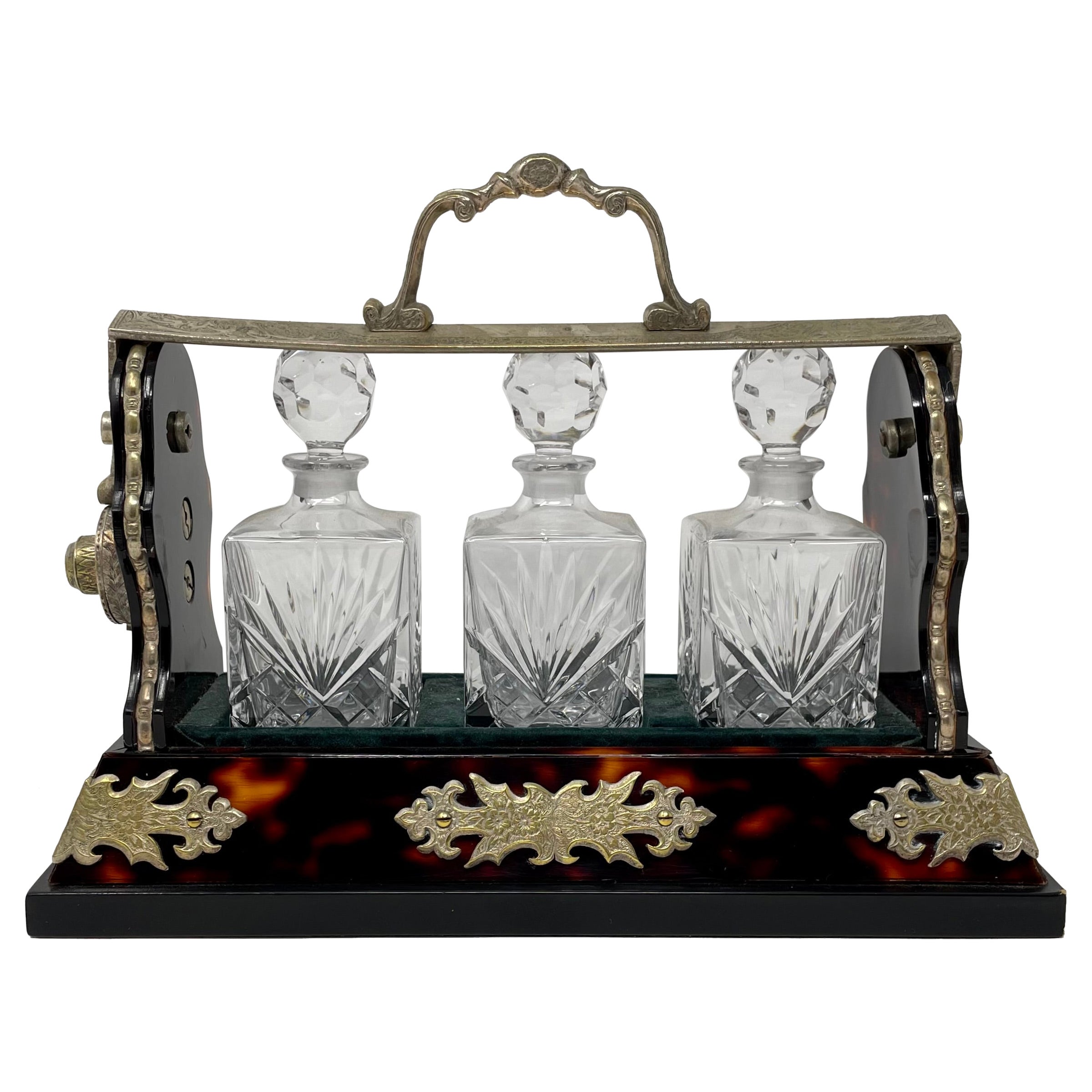 Antique English Faux Tortoise and Cut Crystal Tantalus for Perfumes, Circa 1900s For Sale
