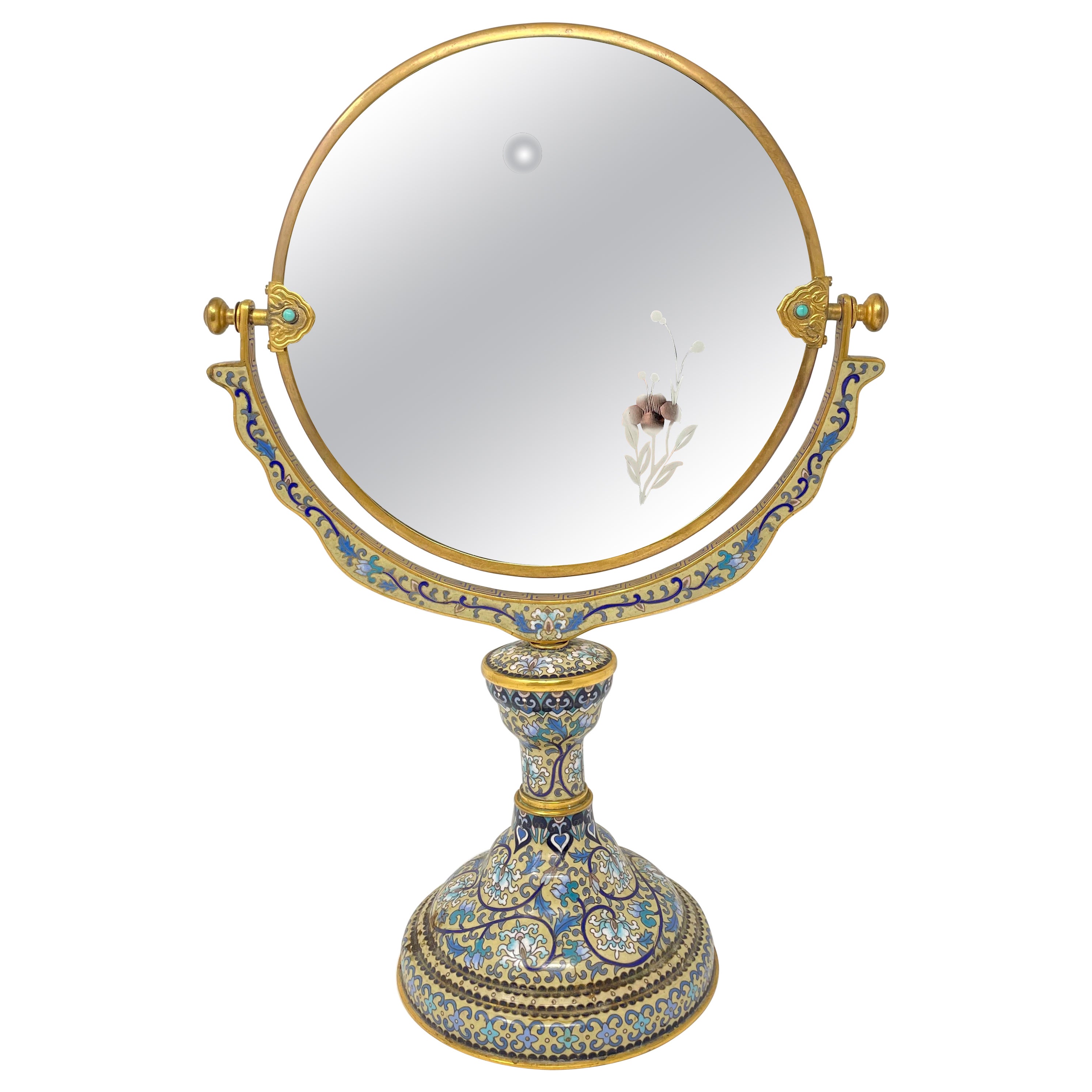 Antique French Cloisonné and Gold Bronze Dresser Mirror, Circa 1920's. For Sale