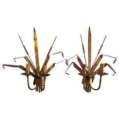 Vintage Pair of Italian Gilt Metal Sconces with Cattails