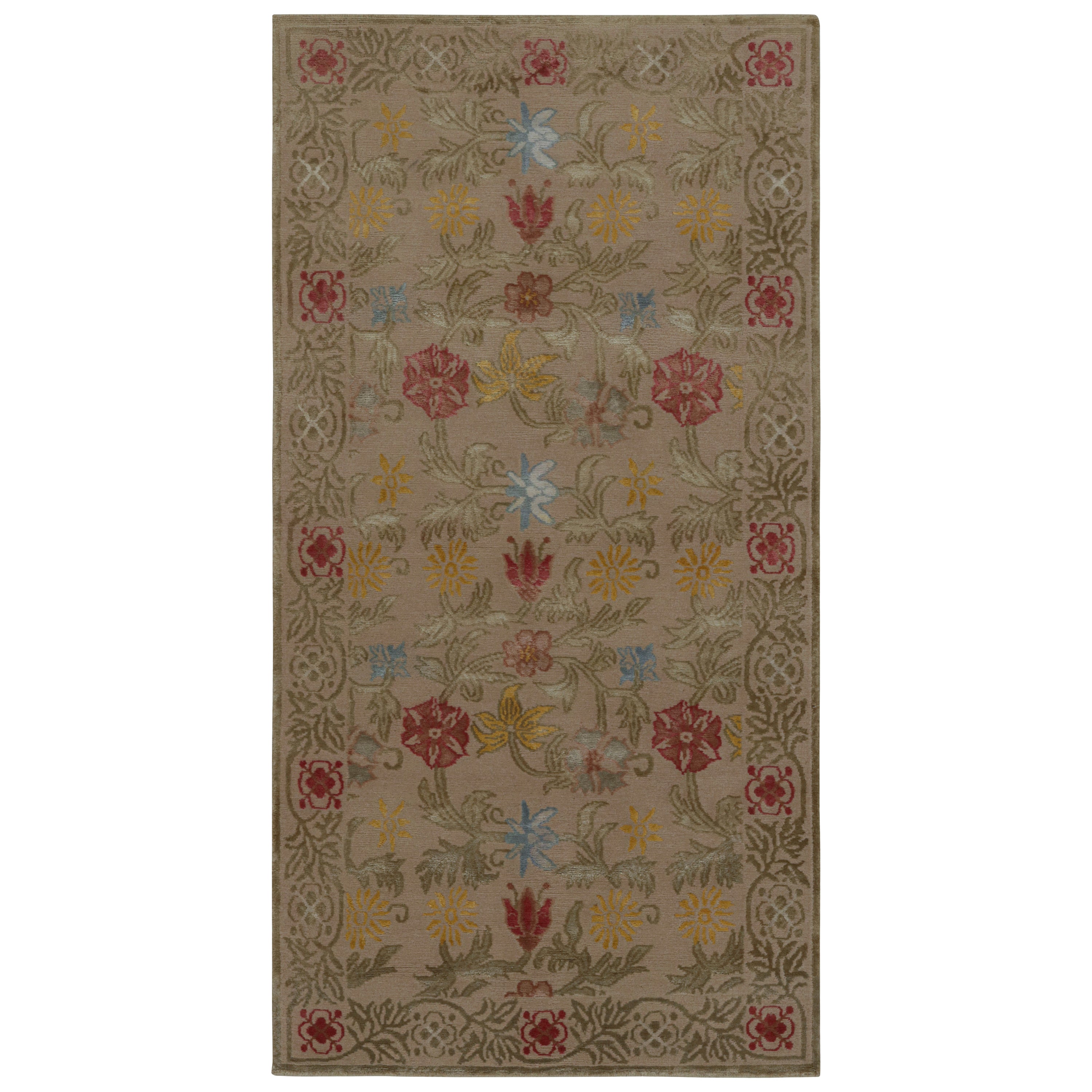 Rug & Kilim’s Spanish European Style Rug in Beige with Floral Patterns “Bilbao” For Sale