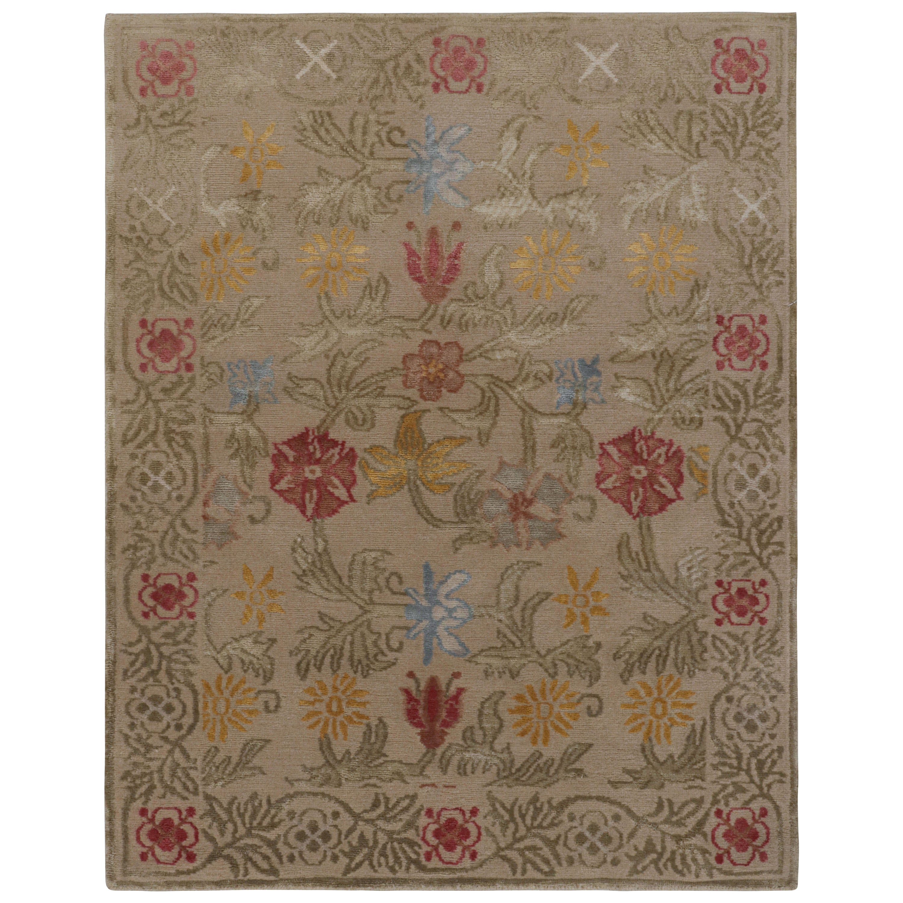 Rug & Kilim’s Spanish European Style Rug in Beige with Floral Patterns “Bilbao” For Sale