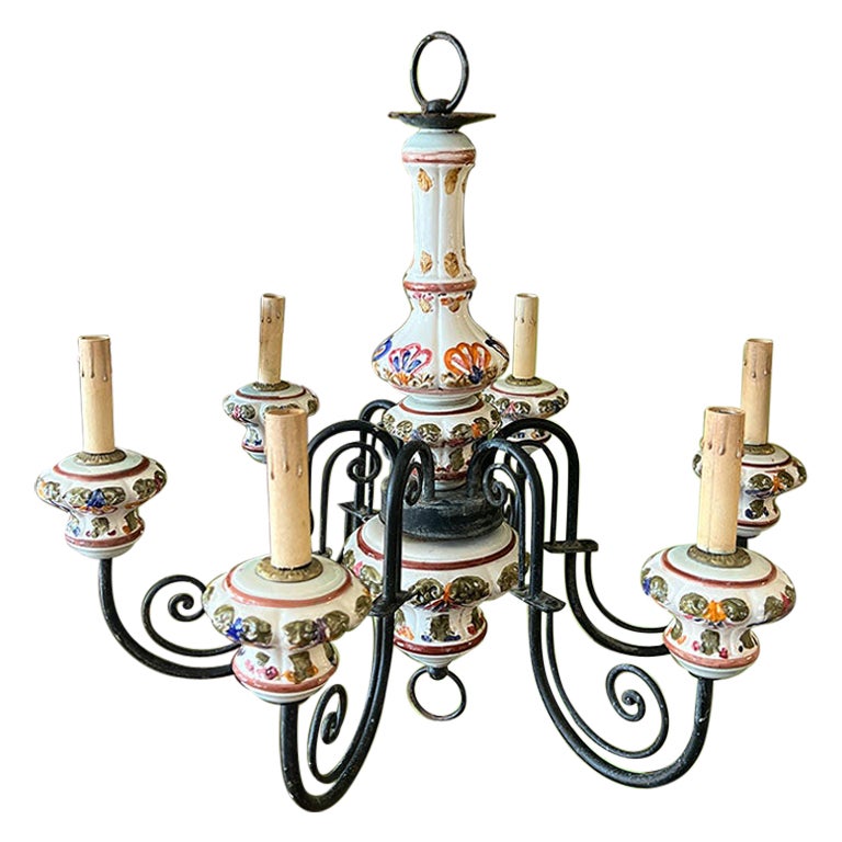 Tuscan Hand Painted Iron and Ceramic 6 Arm Chandelier - Made in Italy