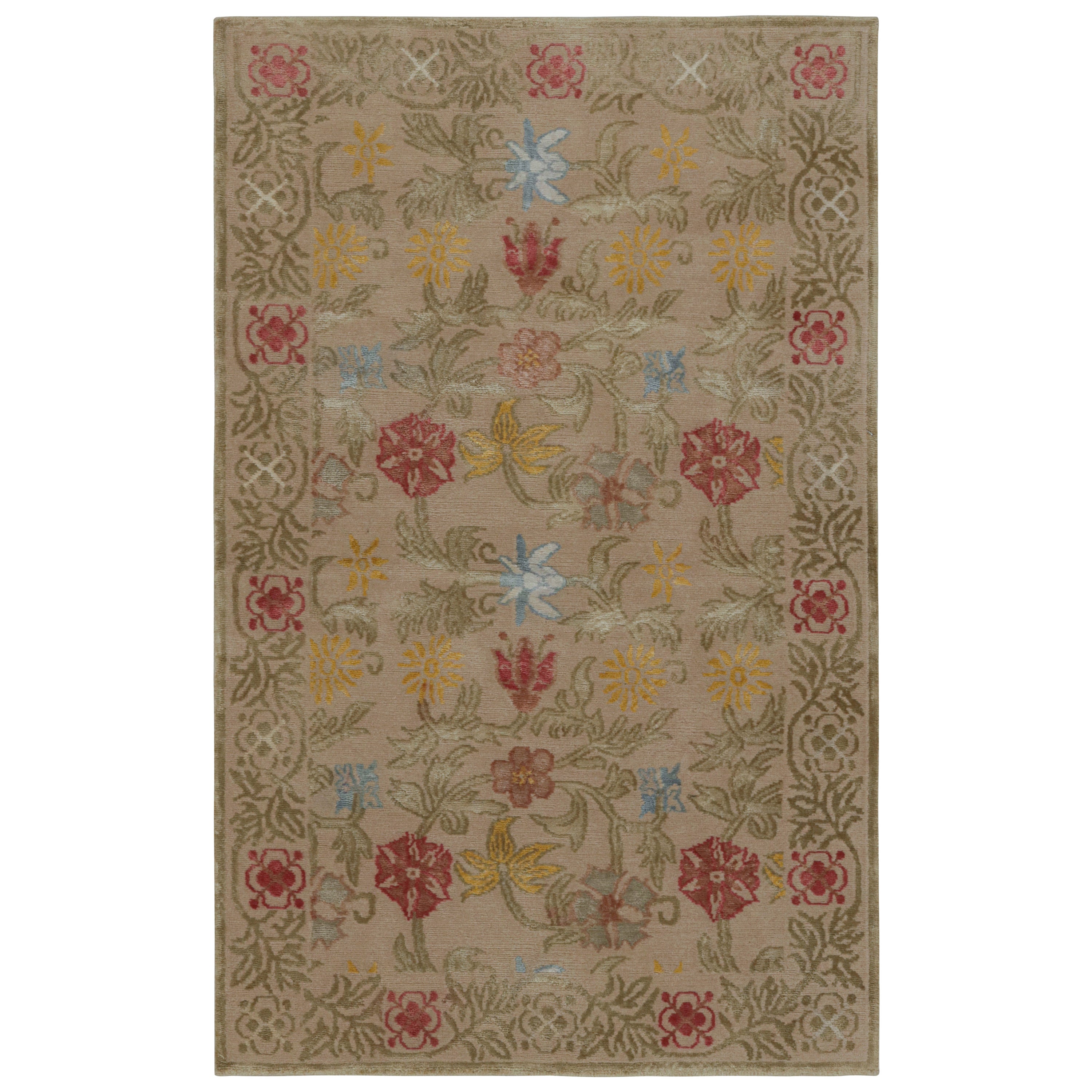 Rug & Kilim’s Spanish European Style Rug in Beige with Floral Patterns “Bilbao”  For Sale