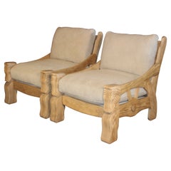 Pair of Oak Lounge Chairs with Shearling Cushions, France, 1960s