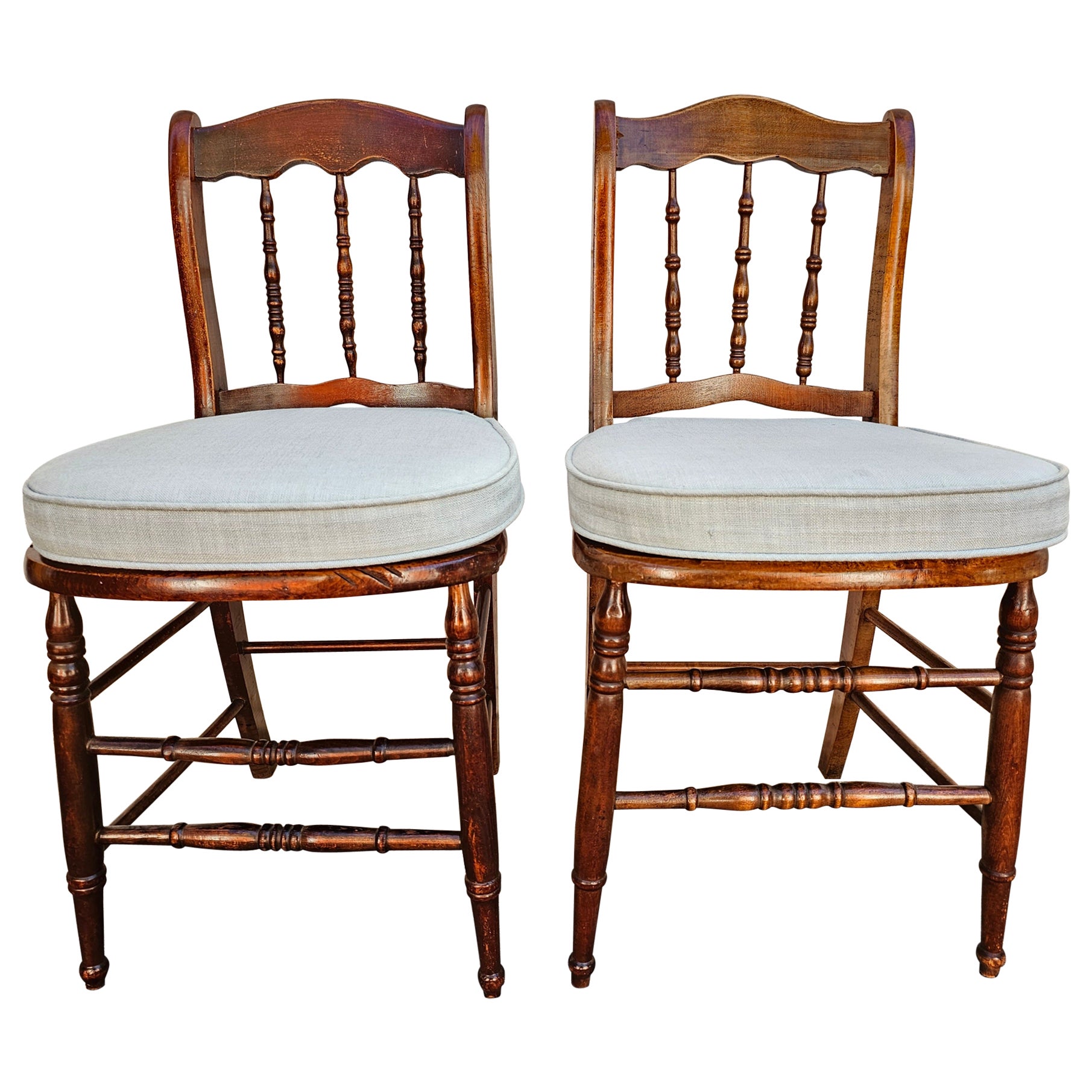 Pair Victorian Mahogany Spindle and Cane Seat Side Chairs with Custom Cushion For Sale