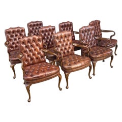 Vintage Set of 8 Mid-Century Modern Chesterfield Style Cognac Leather Arm Chairs
